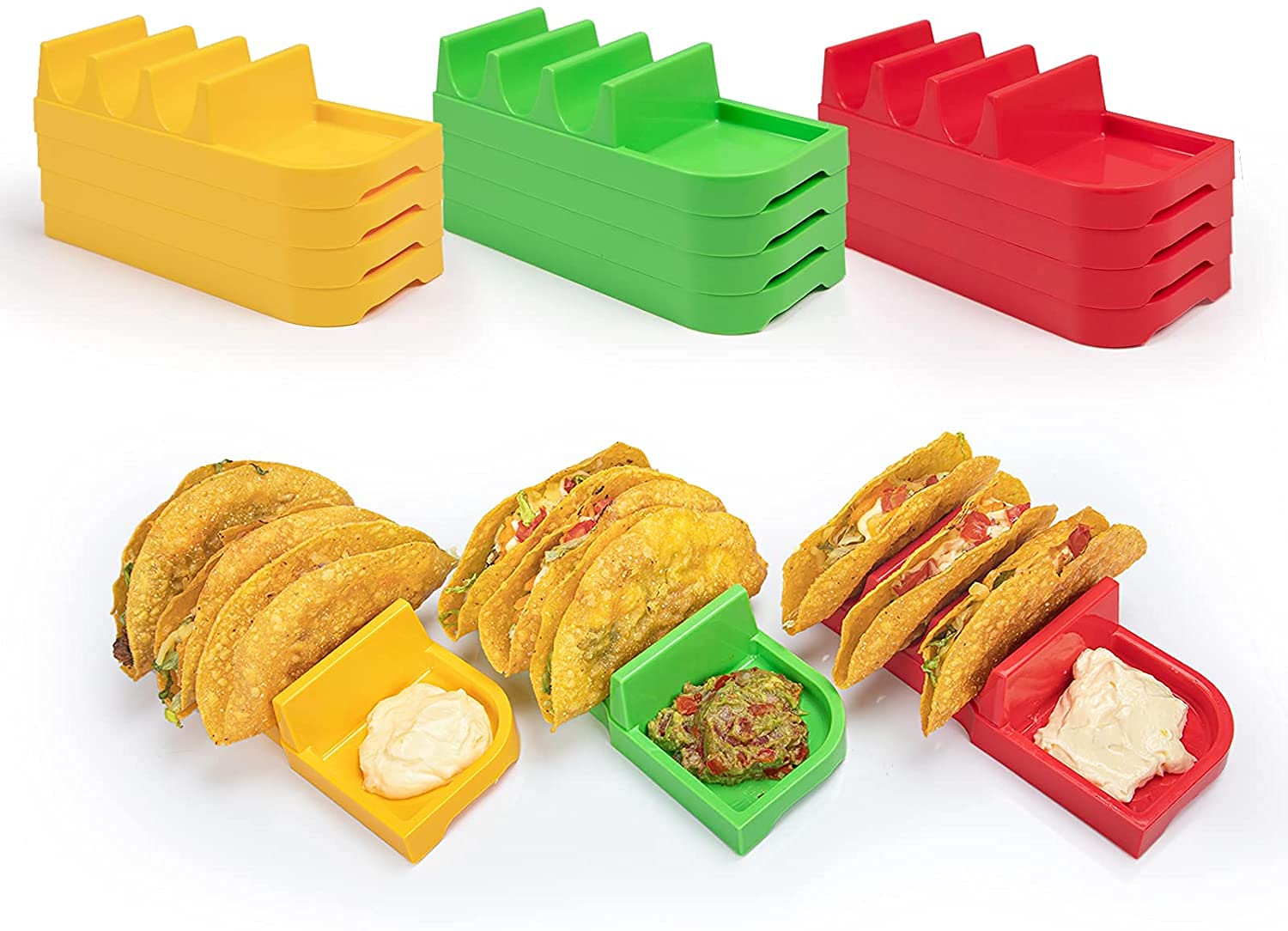 4-Pack Taco Holders with Dividers - Stand for 3 Tacos Each - Oven & Dishwasher Safe Taco Rack - Perfect for Taco Tuesday Parties, Family Dinners & Mexican-Themed Events (Red)