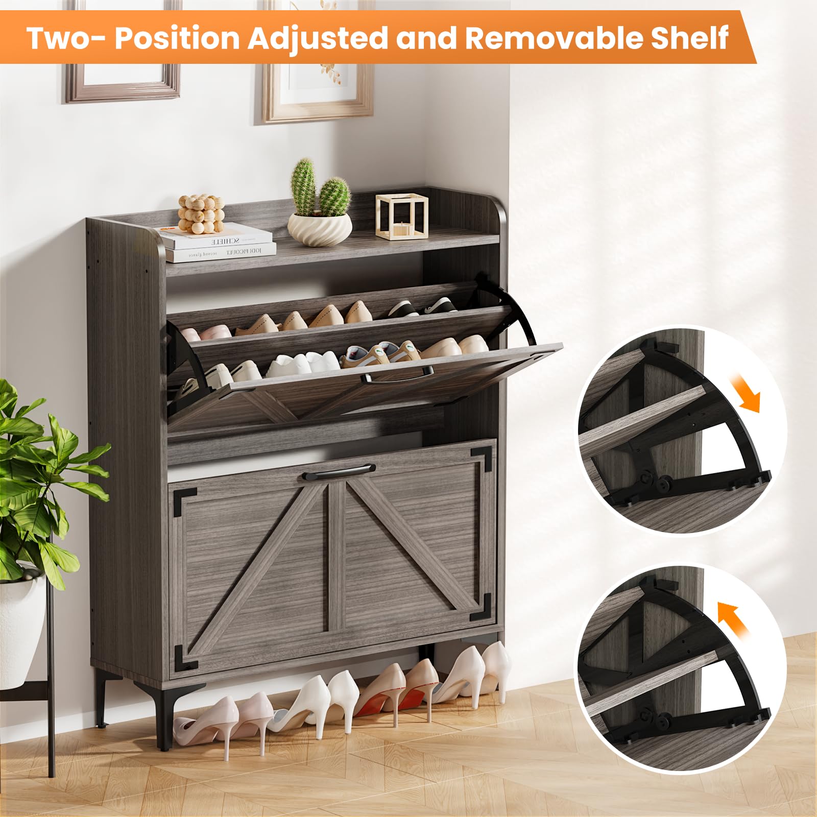Modern Shoe Storage Cabinet with 2 Flip Drawers - Freestanding Entryway Organizer with Open Shelves & Farmhouse Style Legs in Washed Gray - Perfect for Small Spaces, Hallway, Closet & Apartment Organization
