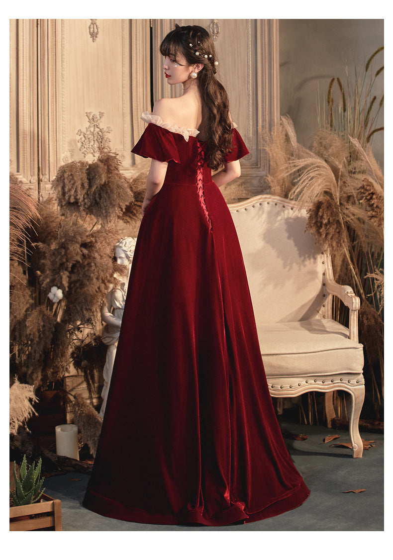 Burgundy Off Shoulder Long Prom Dress - A-Line Velvet Evening Gown for Homecoming, Wedding & Formal Events | Style 566