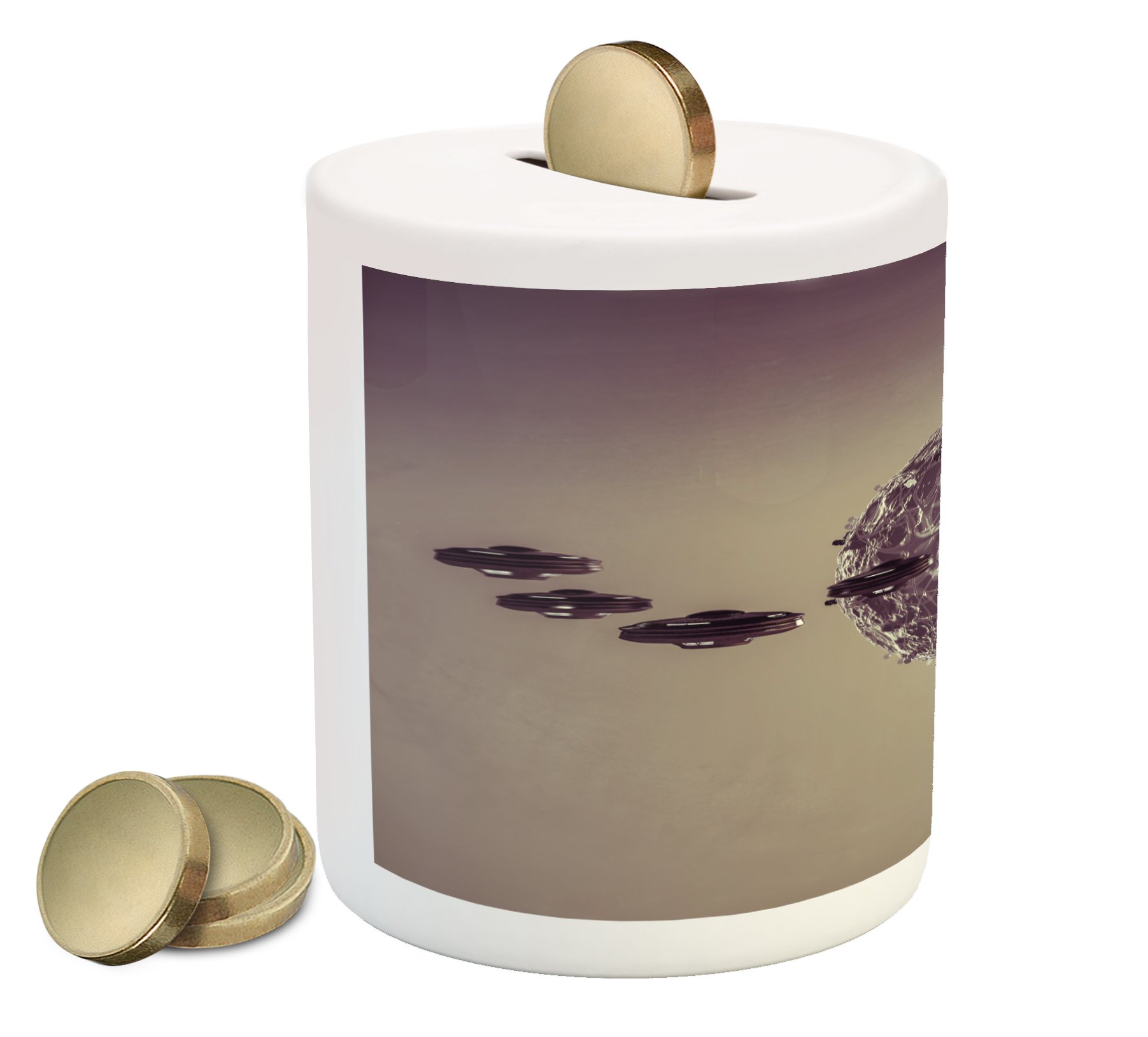 Ambesonne Galaxy Piggy Bank - Outer Space Themed Ceramic Money Box with UFO & Death Star Design for Cash Saving | Perfect Gift for Sci-Fi Lovers & Space Enthusiasts | Home Decor & Kids Room Accessory