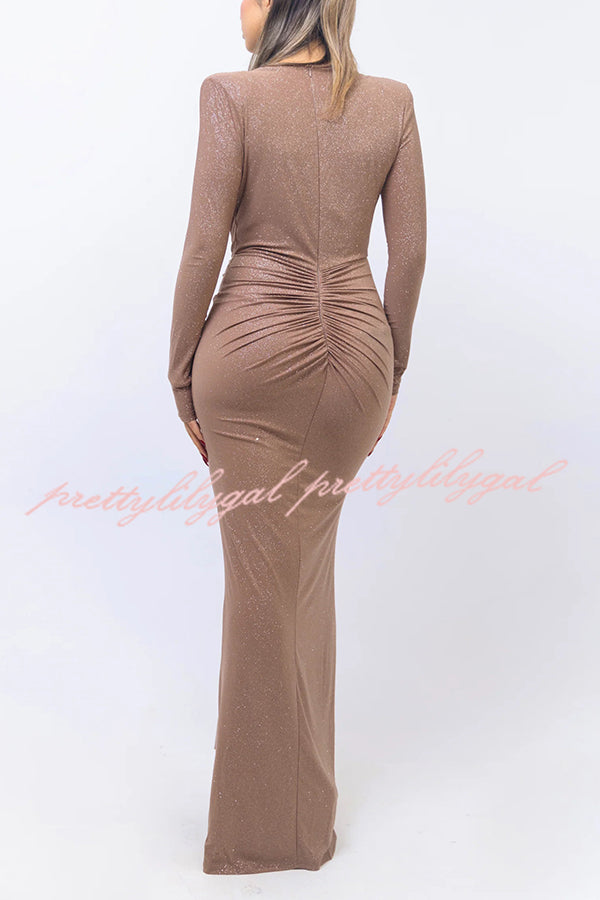 Elegant Solid Color Shiny V-Neck Long Sleeve Ribbon Slit Slim Fit Maxi Dress for Women - Perfect for Evening Parties, Date Nights & Special Occasions