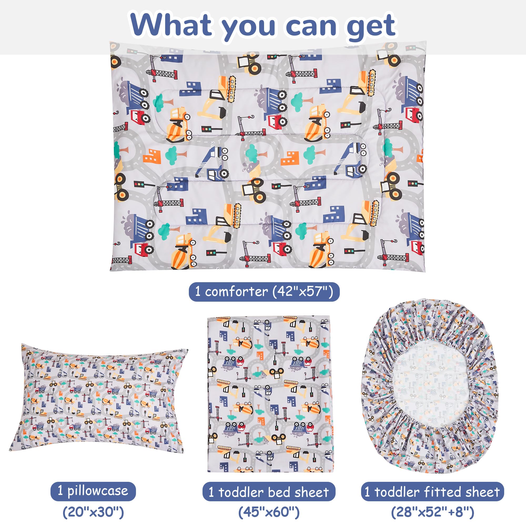 Lasoftan 4-Piece Construction Toddler Bedding Set for Boys - Excavator & Cars Printed, Super Soft Microfiber Comforter, Fitted Sheet, Pillowcase | Perfect for Kids' Room, Nursery & Daycare Use
