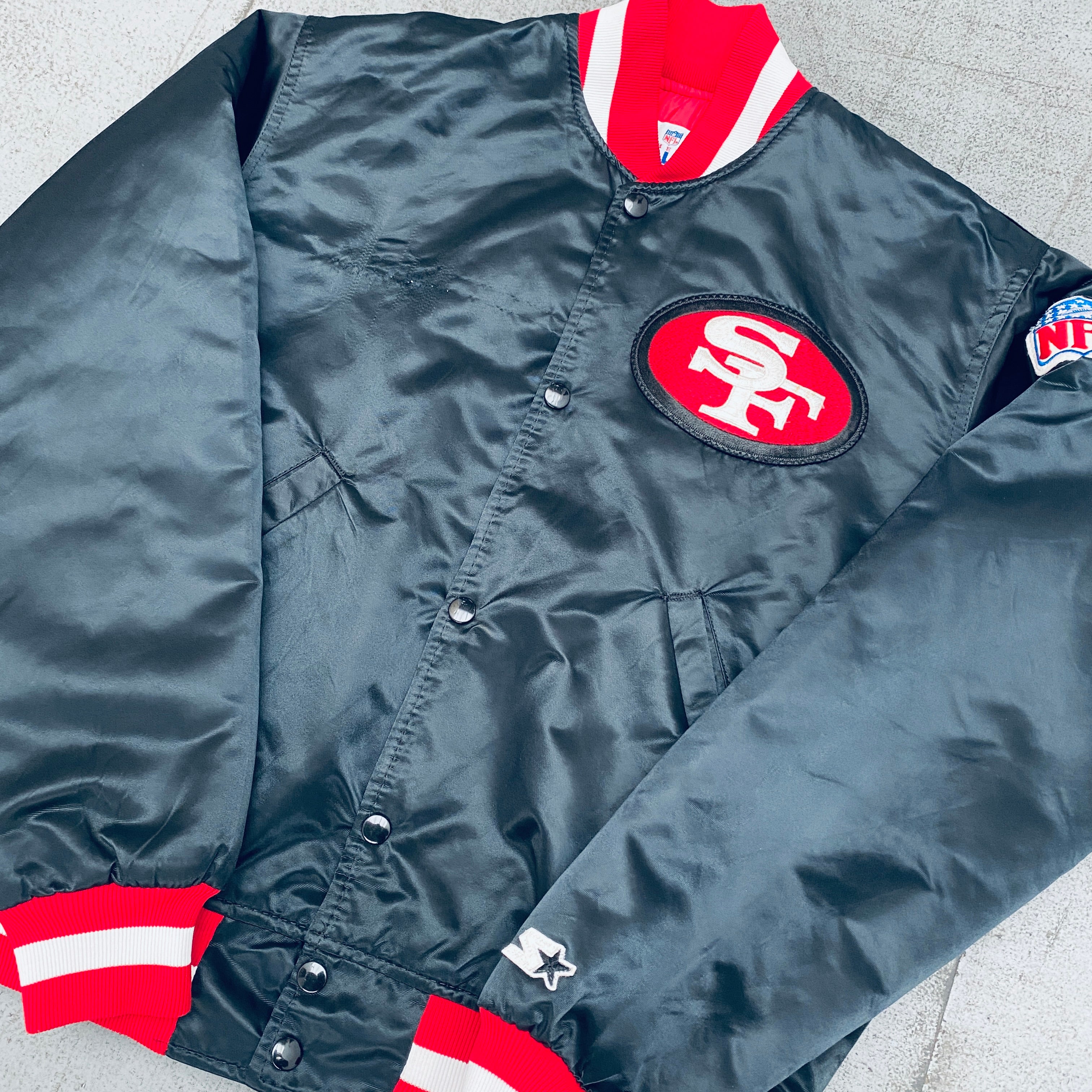 Vintage 1980s San Francisco 49ers Blackout Satin Reverse Spellout Proline Starter Bomber Jacket (Medium) - Perfect for NFL Fans, Retro Sports Fashion & Game Day Outfits