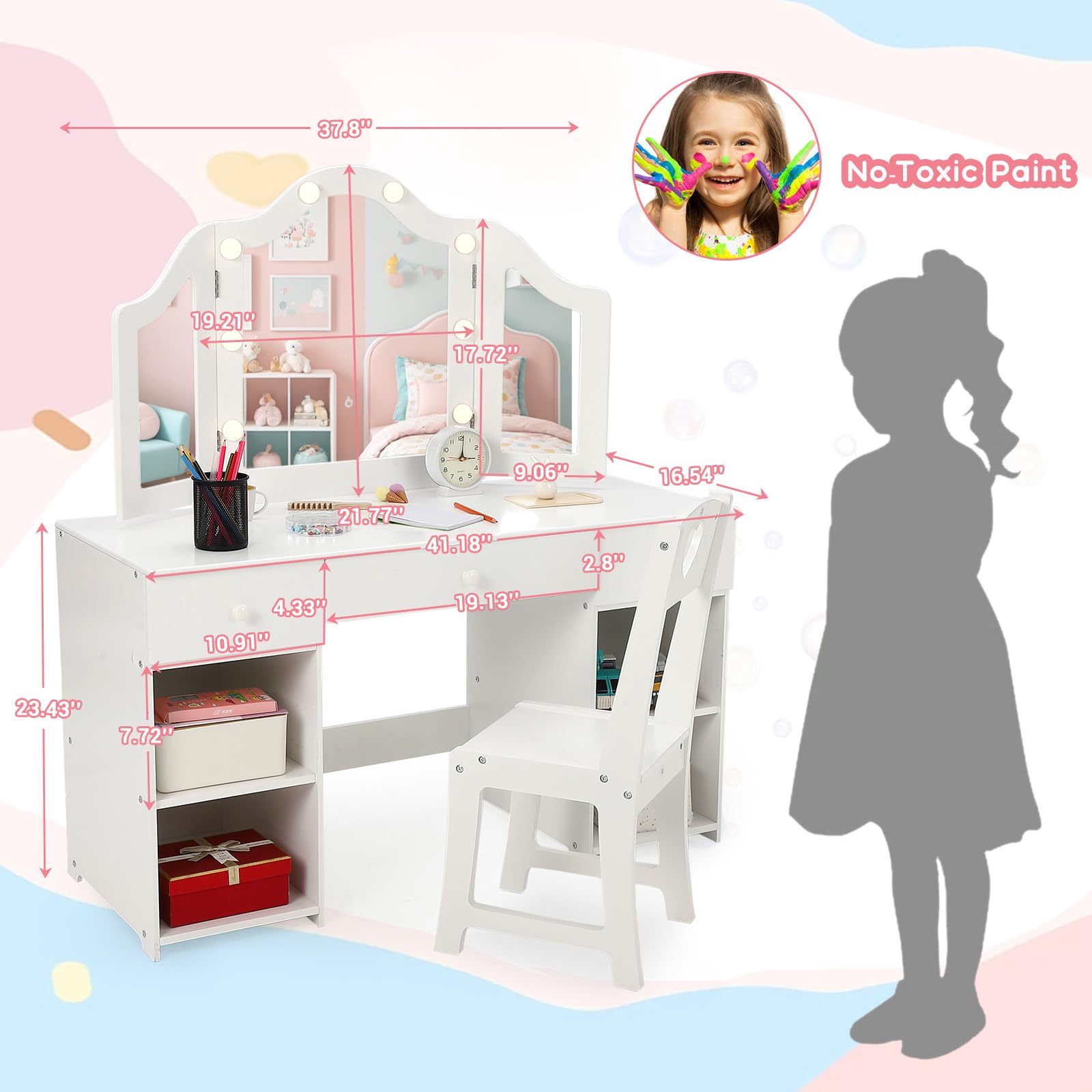 **Princess Makeup Vanity Set with Lights - Kids Vanity Desk with Storage, Touch Light & Detachable Mirror, 2-in-1 Wooden Vanity Table & Chair for Girls - Perfect for Bedroom, Playroom & Birthday Gifts**