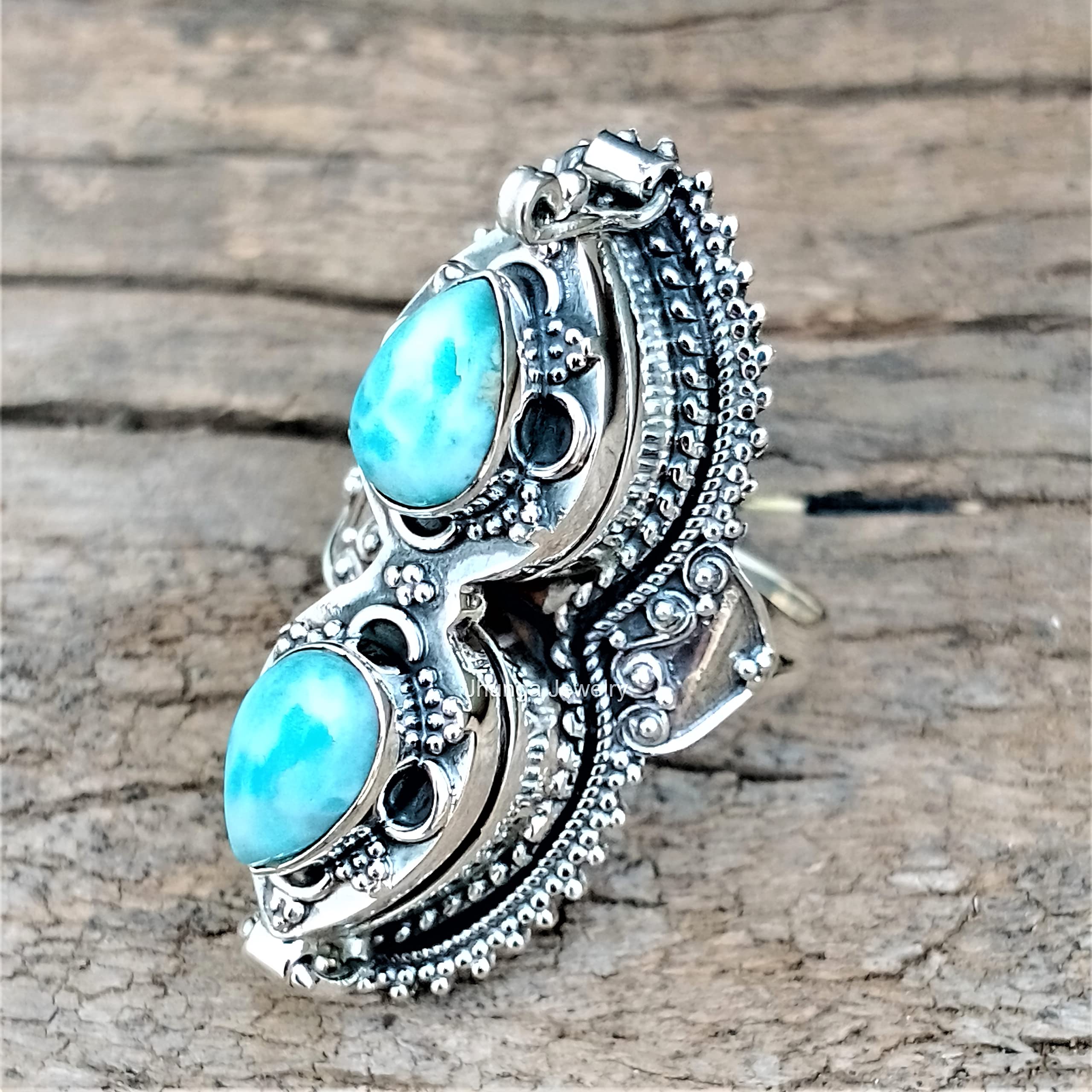 Larimar Poison Ring - 925 Sterling Silver Healing Crystal Locket Ring with Secret Compartment | Handmade Boho Style Statement Jewelry | Perfect for Gift Giving, Witchy Aesthetic & Medieval Renaissance Fairs
