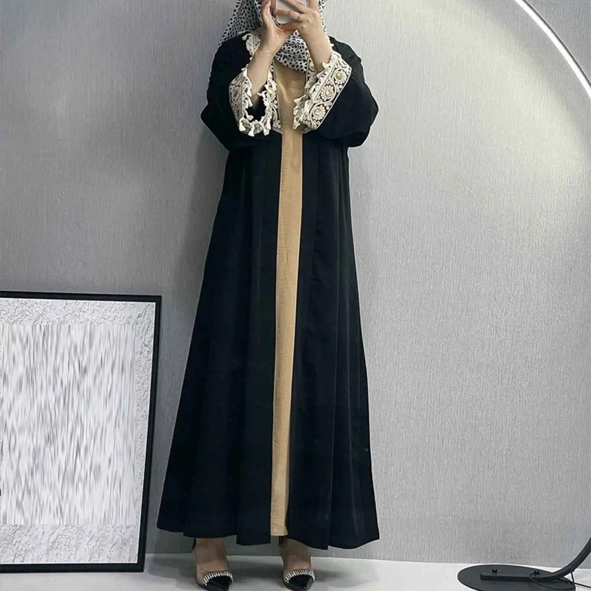 Elegant Muslim Women's Open Abaya Dress with Embroidery Tassel - Modest Cardigan for Prayer, Eid, and Special Occasions
