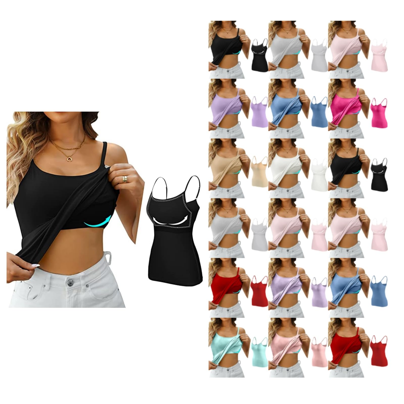 Women's Spaghetti Strap Tank Tops with Built-in Bra - 2024 Scoop Neck Padded Sports Shirt for Yoga, Workout & Gym - Comfortable Seamless Fitness Top for Running, Pilates & Lounge Wear
