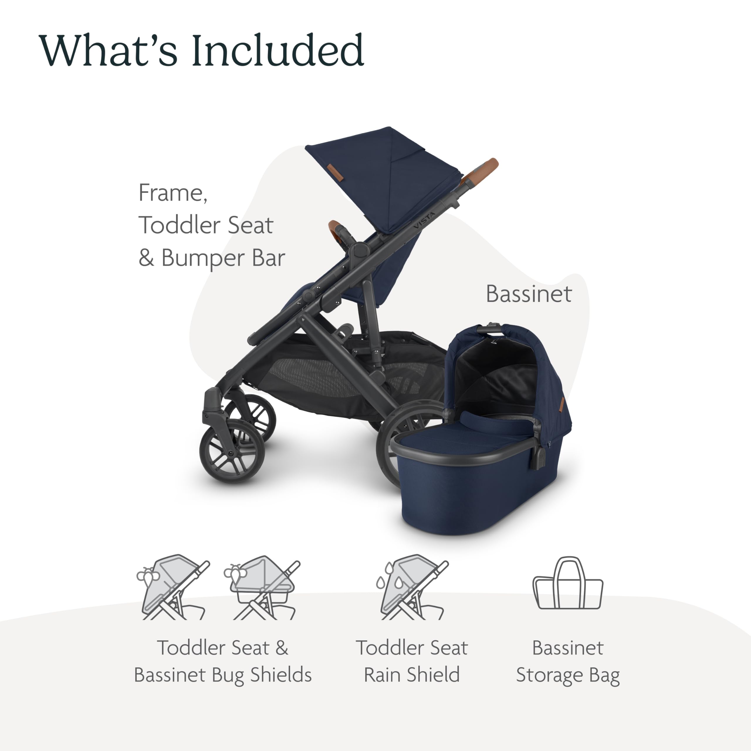 UPPAbaby Vista V2 Stroller - Convertible Single to Double Stroller System with Bassinet, Toddler Seat, Bug Shield, Rain Cover & Storage Bag | Navy/Carbon Frame/Saddle Leather | Perfect for Newborns, Twins & City Living