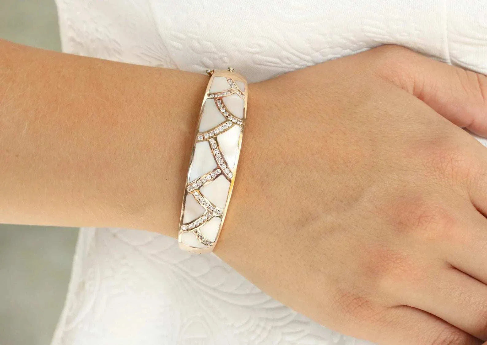 14K Rose Gold Mother of Pearl & Diamond Bangle Bracelet - Elegant Jewelry for Women, Perfect for Weddings, Anniversaries, and Special Occasions