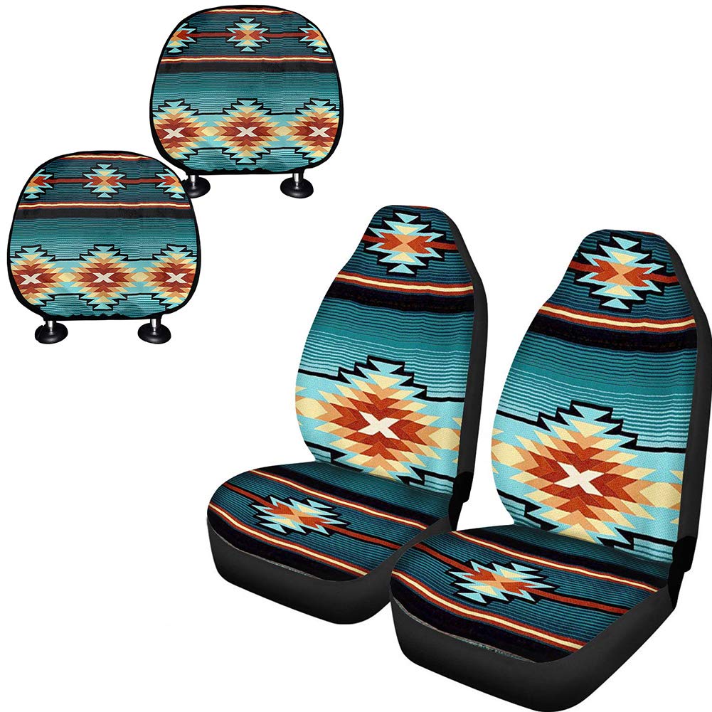 FKELYI Aztec Tribal Design Car Seat Covers Set - 4Pieces Combo with Headrest Cushion Pad, Ethnic African Traditional Bucket Seat Covers for Cars, SUVs & Trucks | Stylish & Protective Interior Upgrade