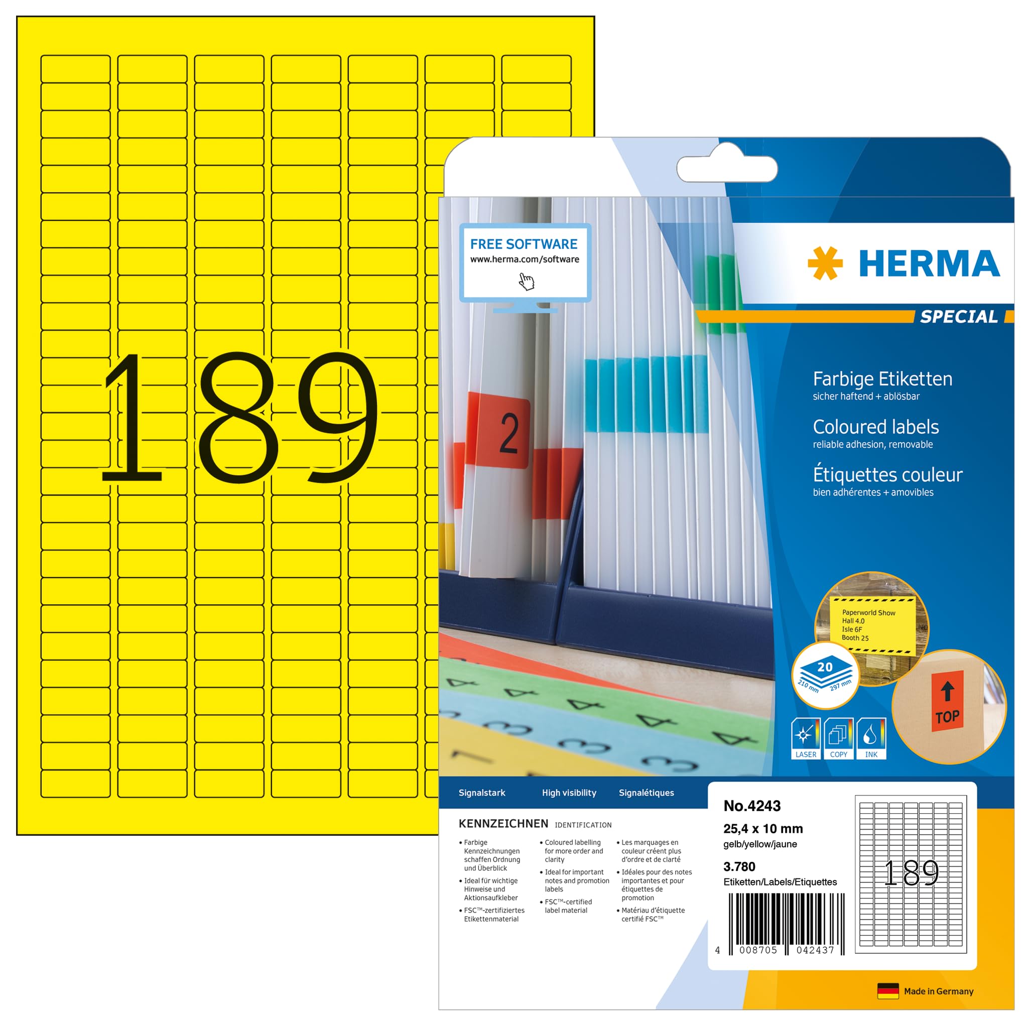 Herma 4243 Self Adhesive Colored Labels - 189 Labels per A4 Sheet, 640 Sheets (120,960 Total), 25.4 x 10 mm Blank Removable Stickers for Laser & Inkjet Printers - Yellow - Perfect for Office Organization, Mailing, File Sorting & Product Labeling