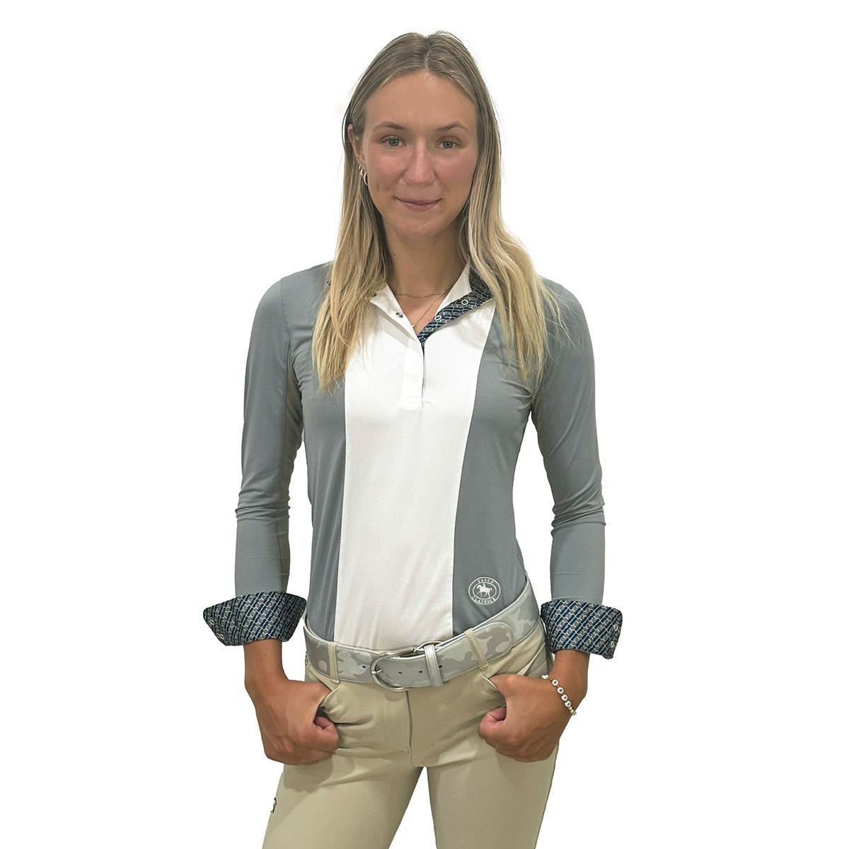 Essex Classics Women's Performance Long Sleeve Show Shirt with Spurs & Straps - Luna Grey Equestrian Riding Top for Horseback Riding & Competitions