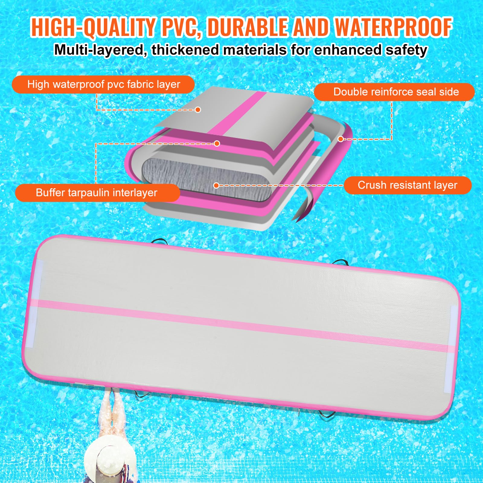 VEVOR Inflatable Gymnastics Air Mat with Electric Pump - Portable Training Mat for Home Gym, Yoga, Cheerleading | Perfect for Indoor Exercise, Outdoor Beach & Park Activities, Water Sports
