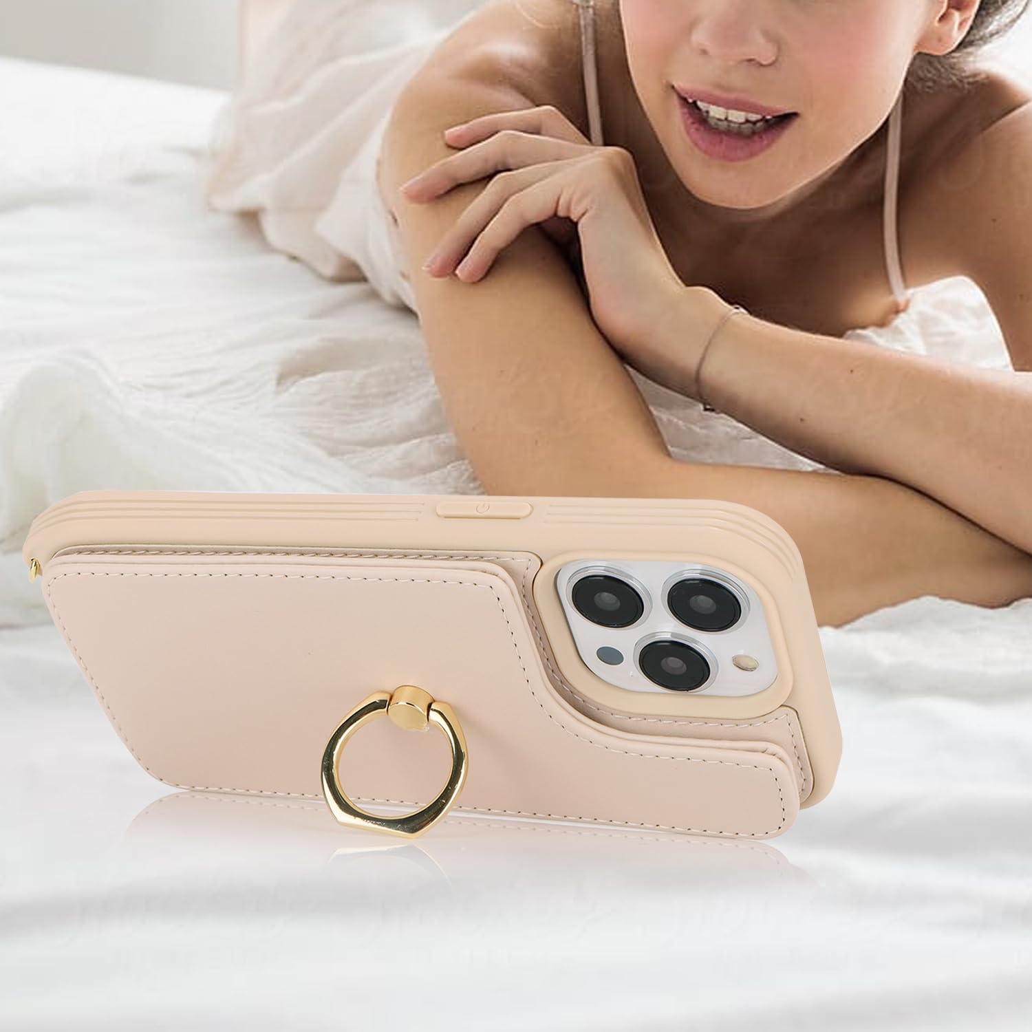 Premium iPhone 13 Pro Wallet Case with Card Holder & Crossbody Strap - 6.1 Inch Slim Protective Cover with Ring Stand, Snap Clasp & Lanyard for Women (Beige) | Perfect for Hands-Free Shopping, Travel & Everyday Convenience