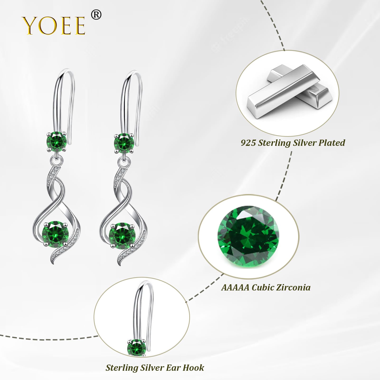 YOEE Sterling Silver Plated Drop Earrings for Women & Girls | Hypoallergenic Dangle Birthstone Earrings with Cubic Zirconia | Perfect Birthday & Mother's Day Jewelry Gift for Her | Elegant for Parties, Weddings & Daily Wear