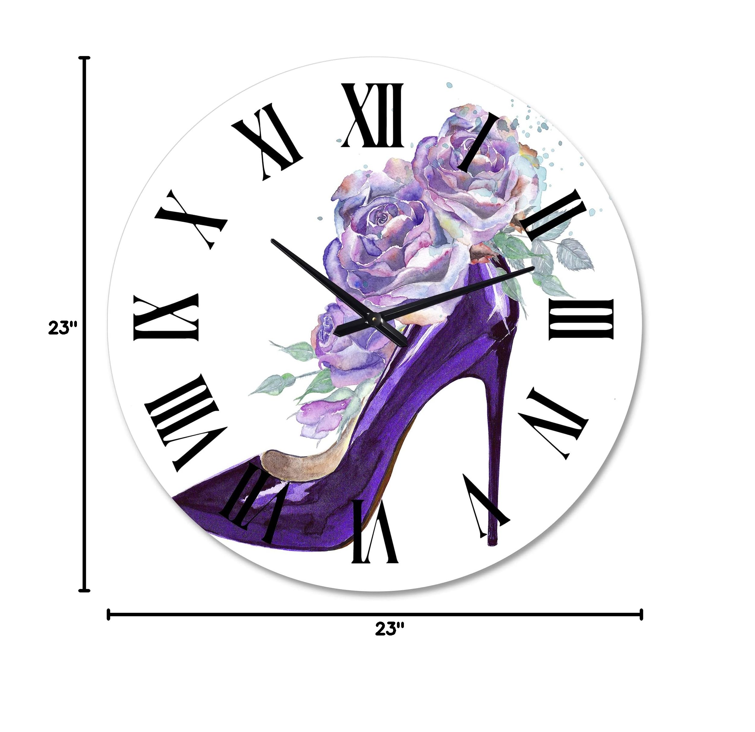 Dark Purple Stiletto Shoe Wall Clock with Pink Violet Roses - Large Floral Botanical Wall Clock for Home & Office Decor - Perfect for Bedroom, Living Room, and Workspace