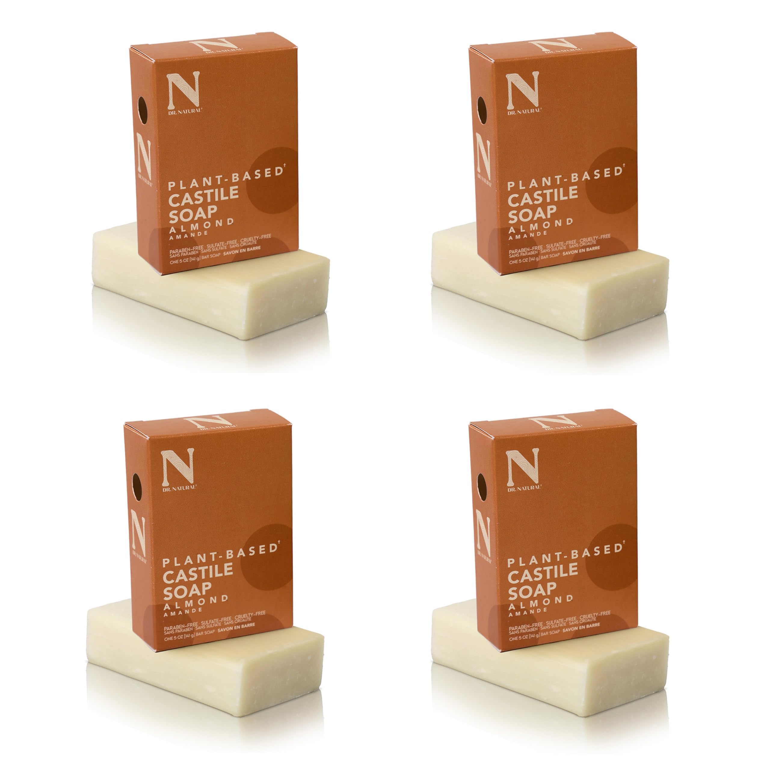 Dr. Natural Castile Bar Soap - Organic Multipurpose Soap for Face, Body & Hair - Anti-Acne & Sensitive Skin Care - Almond Scented - 4 Pack - Perfect for Travel, Gym & Daily Cleansing