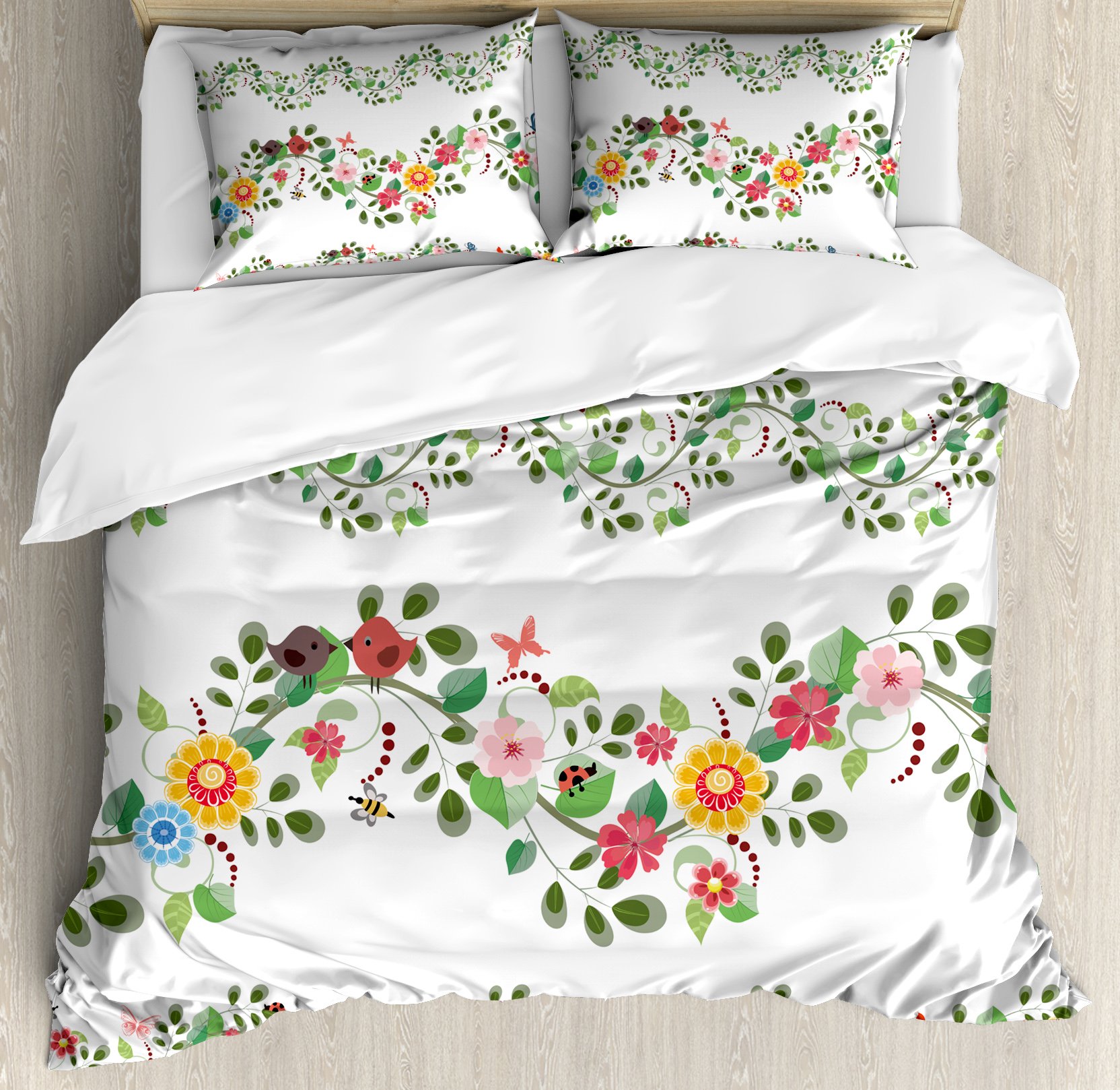 Ambesonne Green Floral Duvet Cover Set Queen Size - Vintage Abstract Foliage Pattern 3-Piece Bedding with 2 Pillow Shams - Multicolor Bohemian Decor for Master Bedroom, Guest Room & Cozy Home Decor