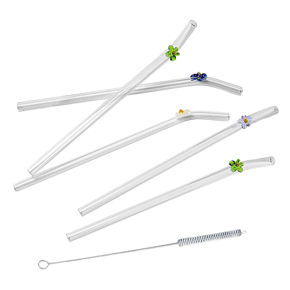 5PCS Colorful Reusable Glass Straws with Cleaning Brush - Shatterproof Bendable Drinking Straws for Smoothies, Milkshakes, Juices, Tea & Cocktails | Eco-Friendly Home & Party Use