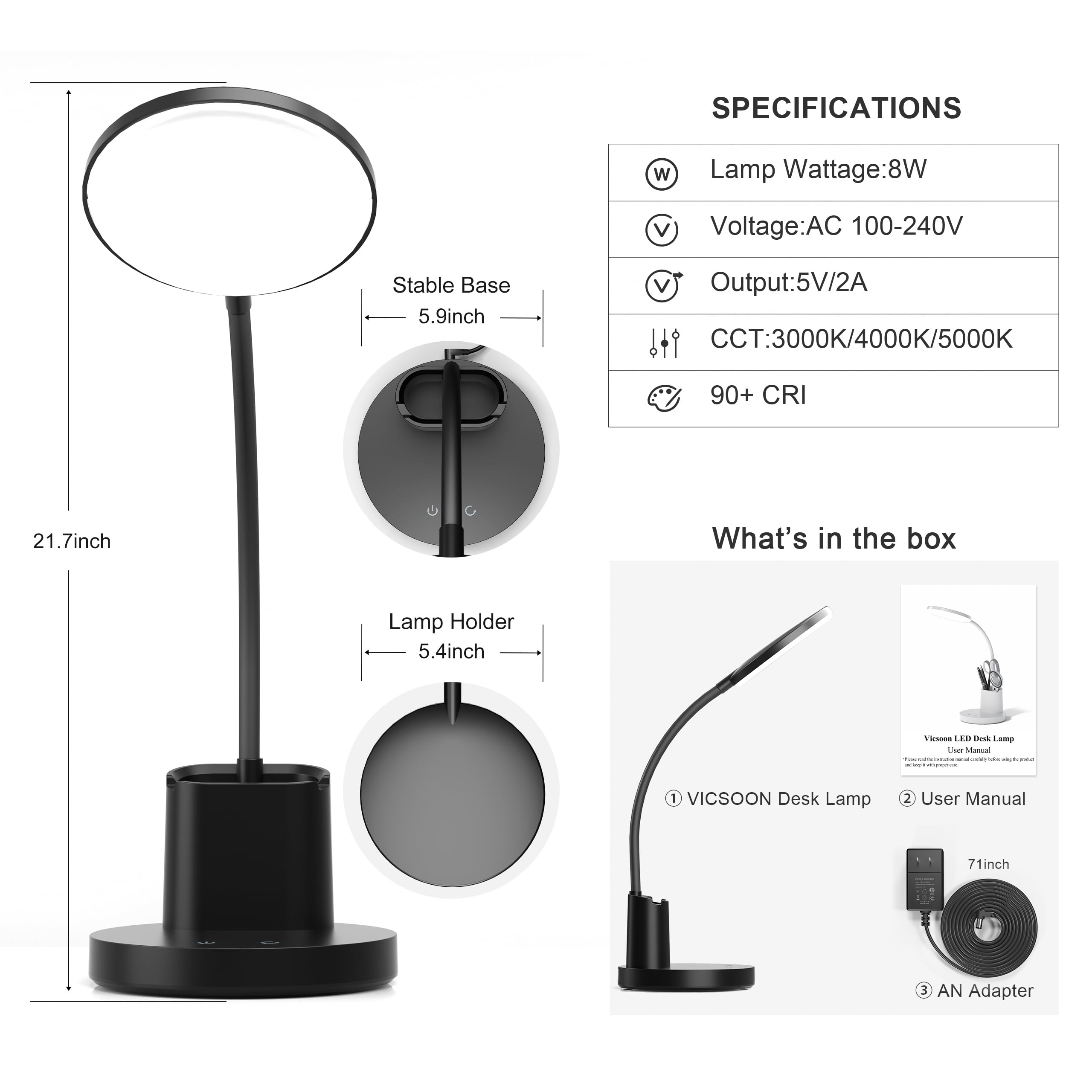 LED Desk Lamp with 3 Color Modes & 360° Adjustable Arm - Dimmable Touch Table Light with Phone/Pen Holder for Home Office Study Reading - Black Workspace Lighting