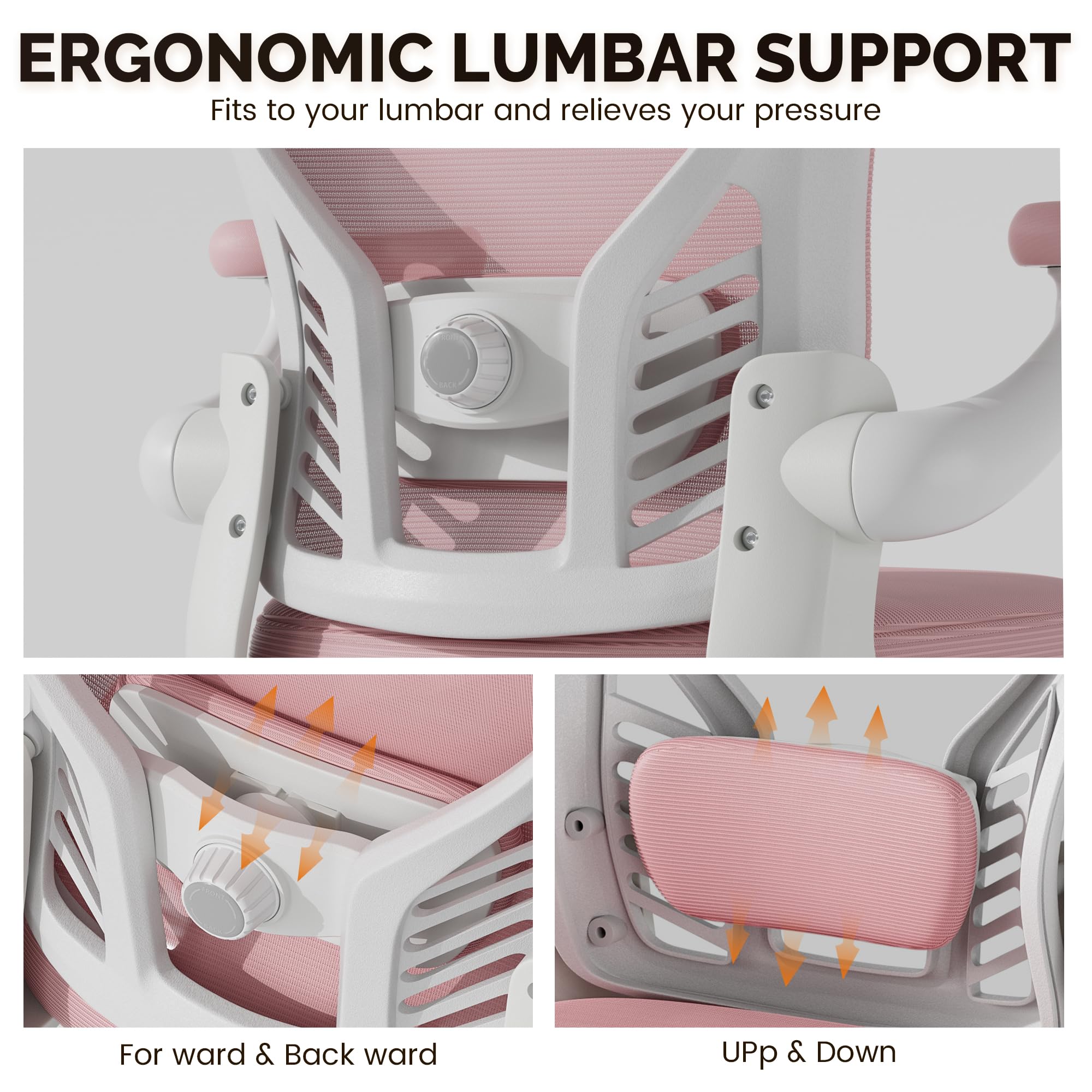 Ergonomic Mesh Office Chair with Wheels & Flip-Up Arms - Adjustable Lumbar Support, Swivel & Height Adjustable - Comfortable Pink Computer Desk Chair for Home Office, Gaming & Workspace
