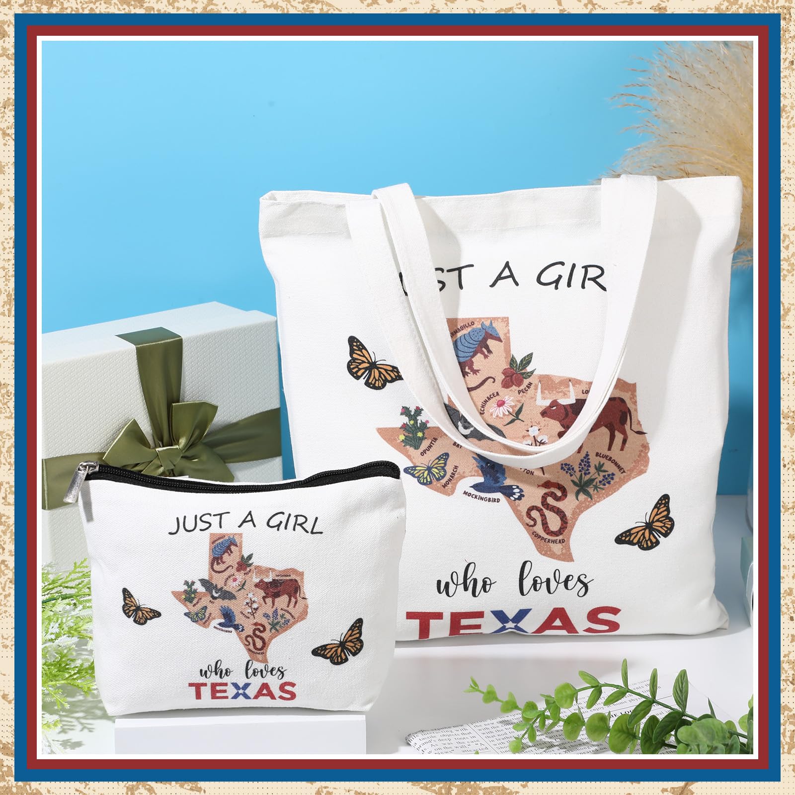 Texas Gift Set - 2 Pcs Canvas Tote Bag & Makeup Bag for Women | Souvenirs, Bachelorette Party Gifts | Perfect for Travel, Shopping & Texas-Themed Events