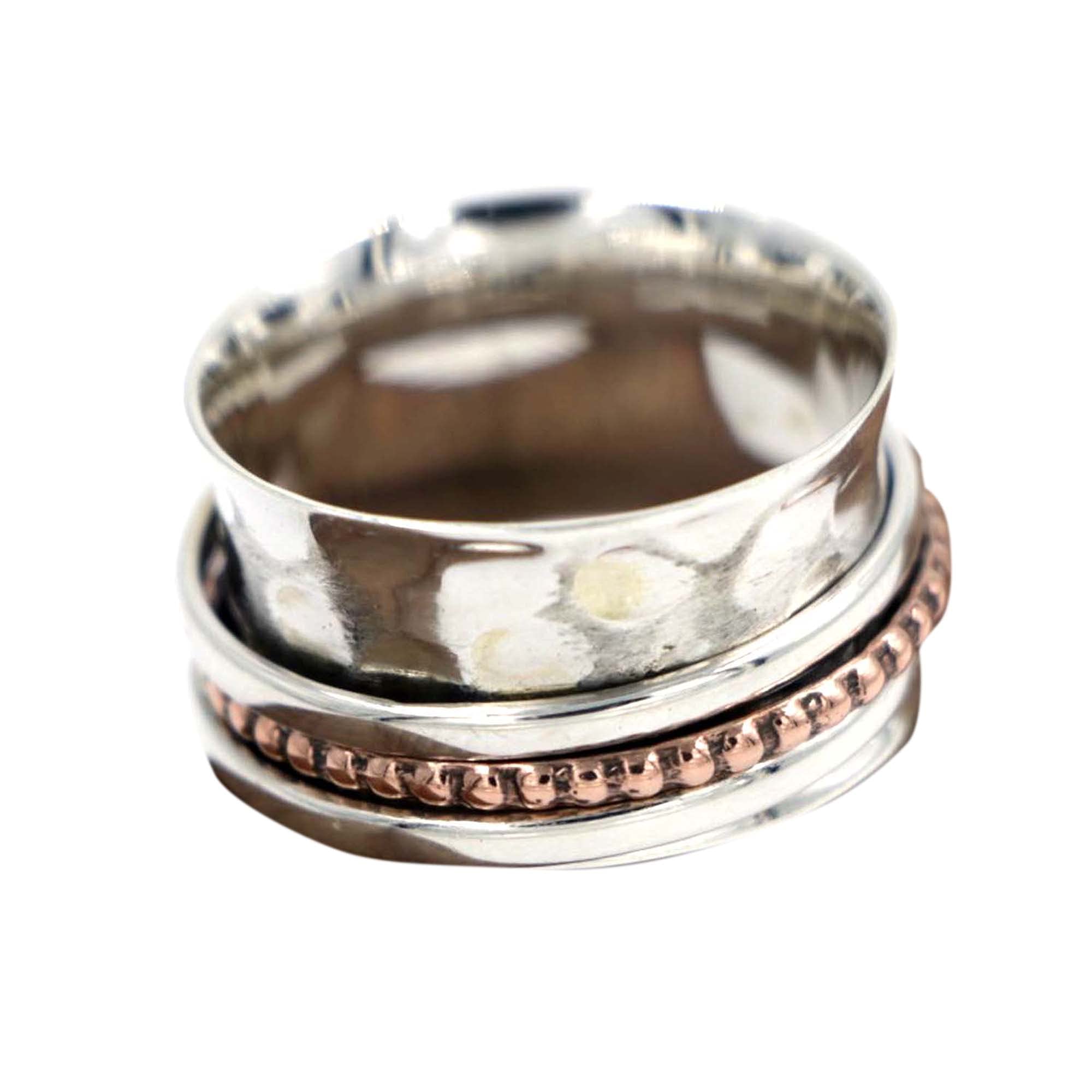 925 Silver Spinner Ring - Three Tone Handmade Meditation & Fidget Ring for Stress Relief - Hammered Textured Thumb Ring for Women & Men - Wide Band Jewelry Gift for Birthday, Anniversary & Everyday Wear (Size 9.25)