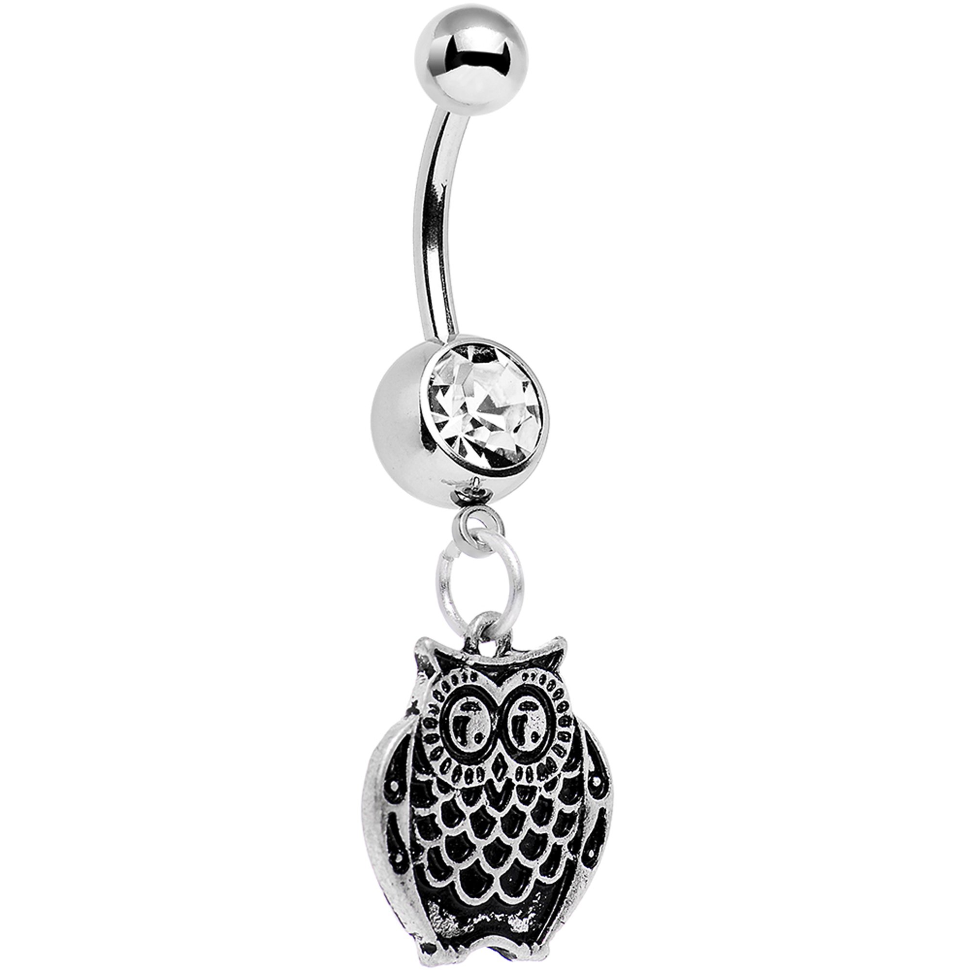 Stainless Steel Clear Accent Ornery Owl Dangle Belly Ring - Body Jewelry for Women | Trendy Navel Piercing for Casual Wear & Night Out