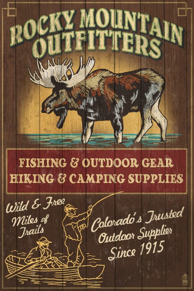Vintage Rocky Mountain Moose Outfitters Sign 85157 - 24x36 Signed Art Print - Wall Decor Poster for Cabin, Lodge & Western Home Decor