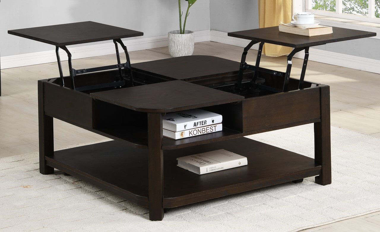 Dark Brown MDF Lift Top Coffee Table with Storage Shelves - Modern Convertible Living Room Furniture for Small Spaces, Home Office & TV Stand Use