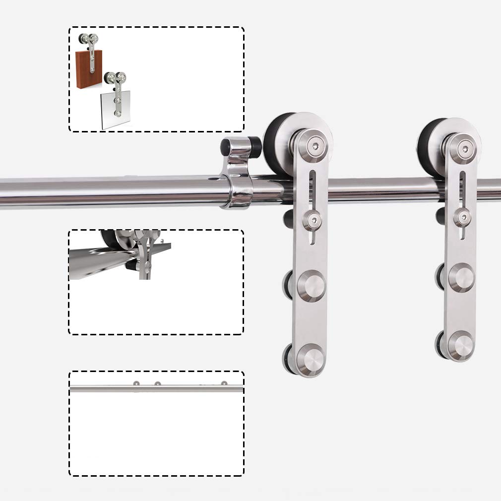 10FT Heavy Duty Stainless Steel Sliding Double Barn Door Hardware Track Kit - Easy Installation with Round Hangers for Rustic Home & Office Doors