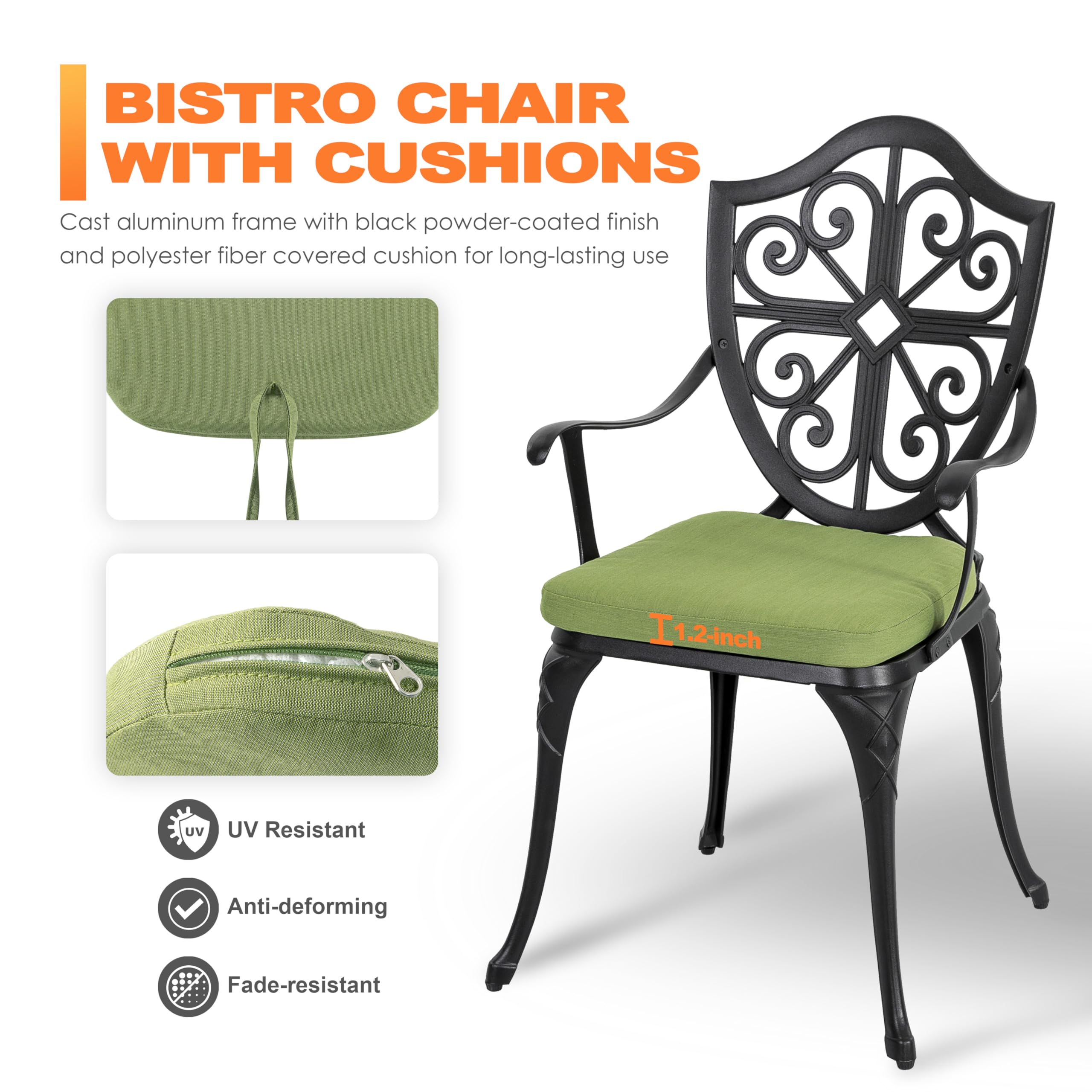 NUU GARDEN 3-Piece Outdoor Bistro Set - Cast Aluminum Patio Table & 2 Chairs with Umbrella Hole & Green Cushions - Black - Perfect for Backyard, Garden, Balcony & Small Outdoor Spaces
