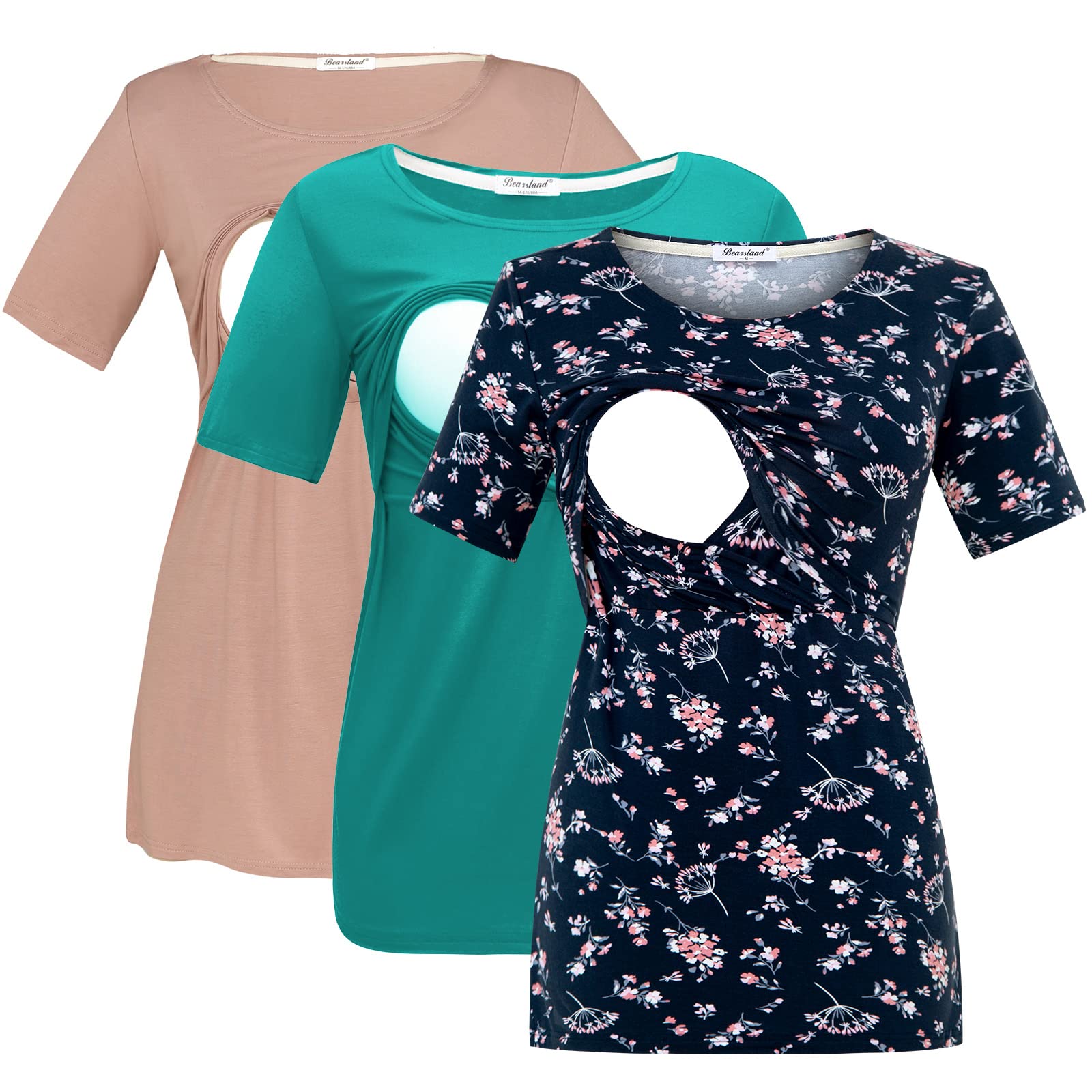 Bearsland Women's 3-Pack Maternity Nursing Tops - Soft Cotton Short Sleeve Breastfeeding Shirts for Comfortable Nursing & Everyday Wear | Perfect for Pregnancy, Postpartum & Nursing Mothers
