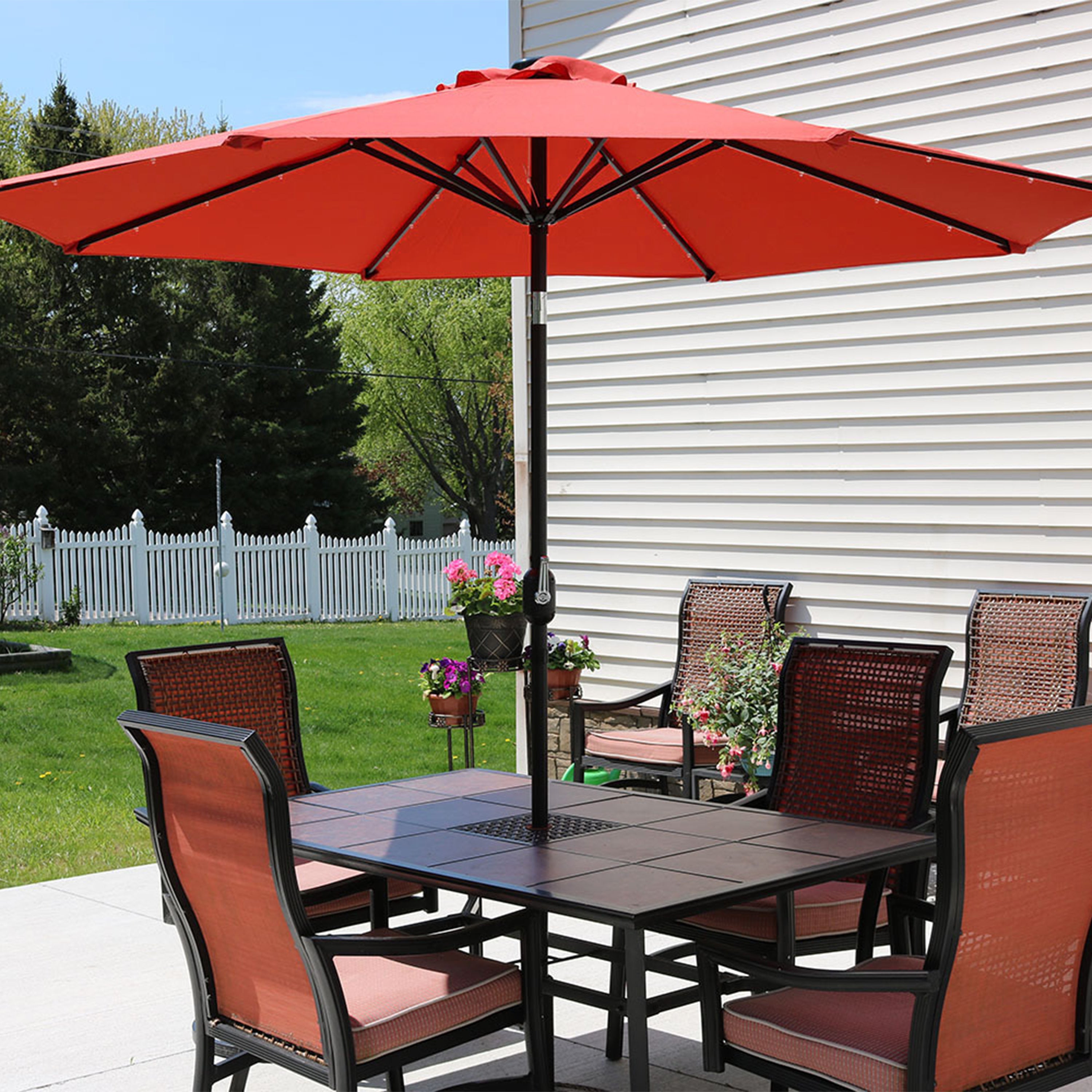 Sunnydaze 9-Foot Solar LED Outdoor Patio Umbrella with Tilt & Crank - Perfect for Poolside, Backyard, and Garden Relaxation