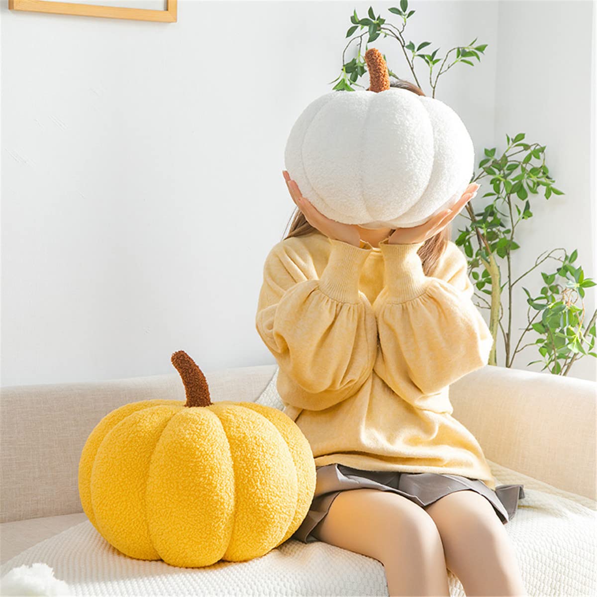 3D White Pumpkin Throw Pillow - 11 Inch Halloween Plush Decorative Cushion for Fall Home Decor, Seasonal Celebrations & Cozy Living Room Vibes - Perfect for Sofa, Bed and Halloween Party Decorations