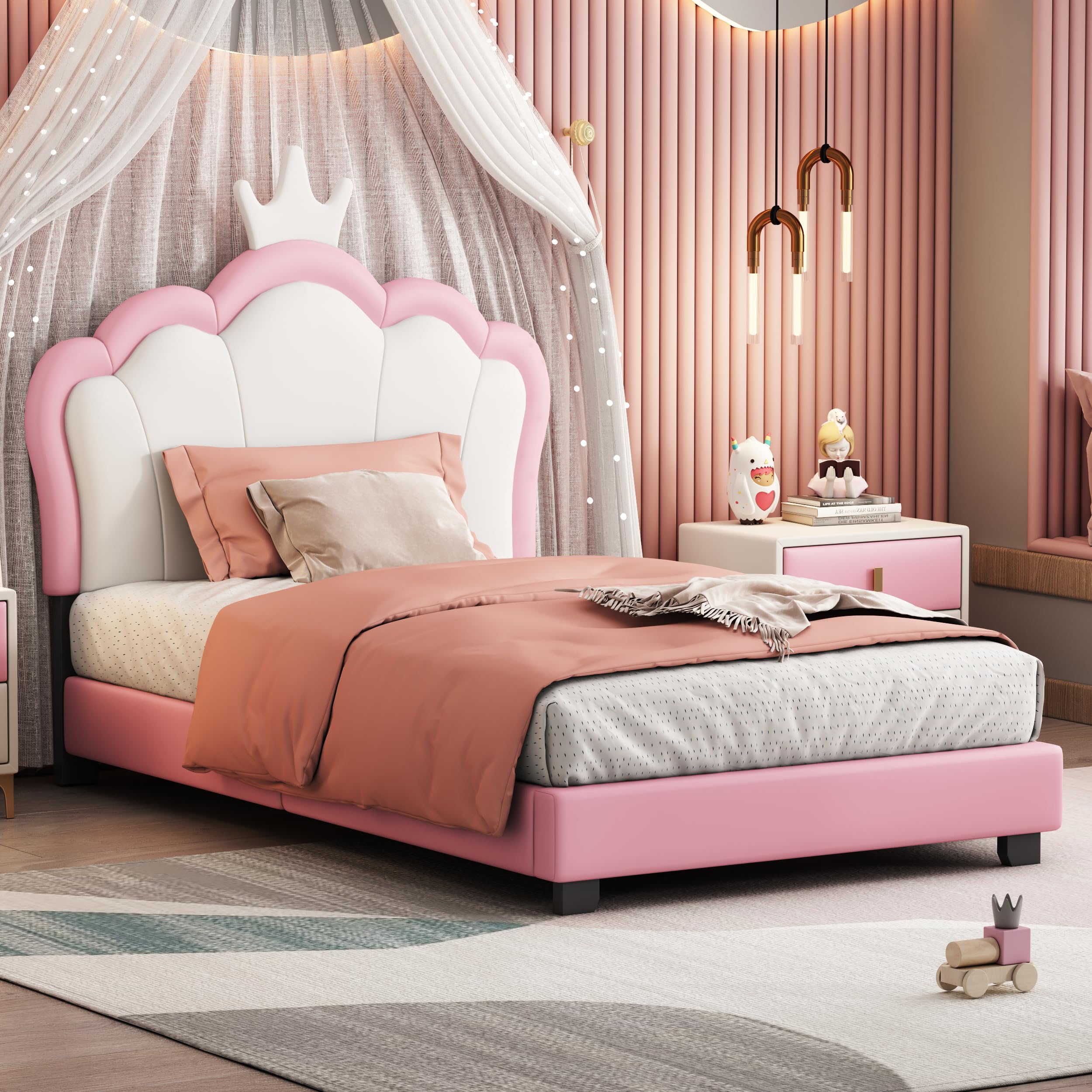 Twin Size Upholstered Princess Bed with Crown Headboard - Pink Bed Frame for Girls | Perfect for Kids' Bedroom, Princess-Themed Decor & Sleepovers