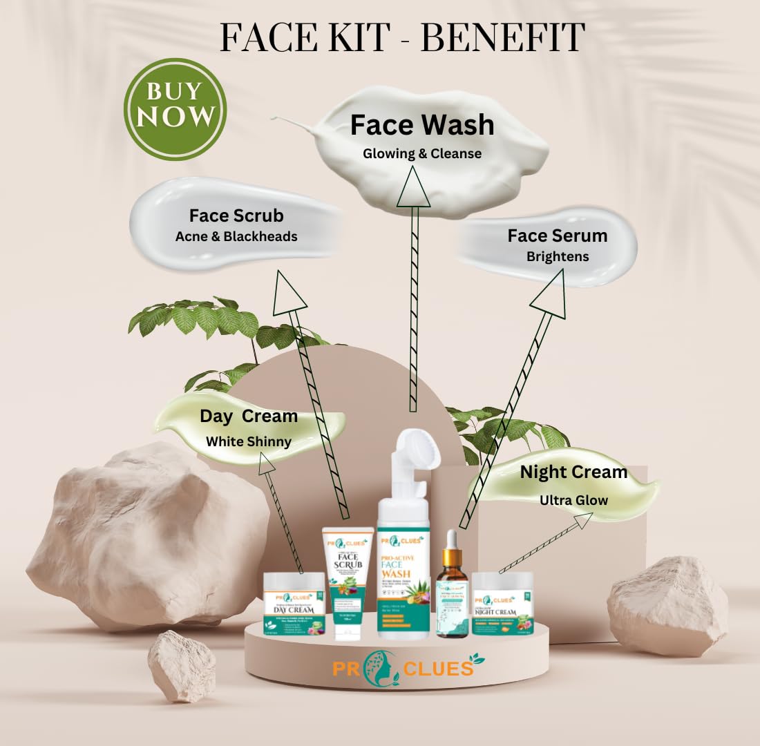 Proclues Daily Skin Care Gold Facial Kit with Pure Turmeric, Aloe Vera, Vitamin C, Neem & Saffron – Includes Face Wash (150ml), Scrub (100ml), Serum (50ml) and Day & Night Cream (50g) – 5-Piece Set for Glowing Skin – Perfect for Daily Skincare Routine & Spa-Like Treatment at Home