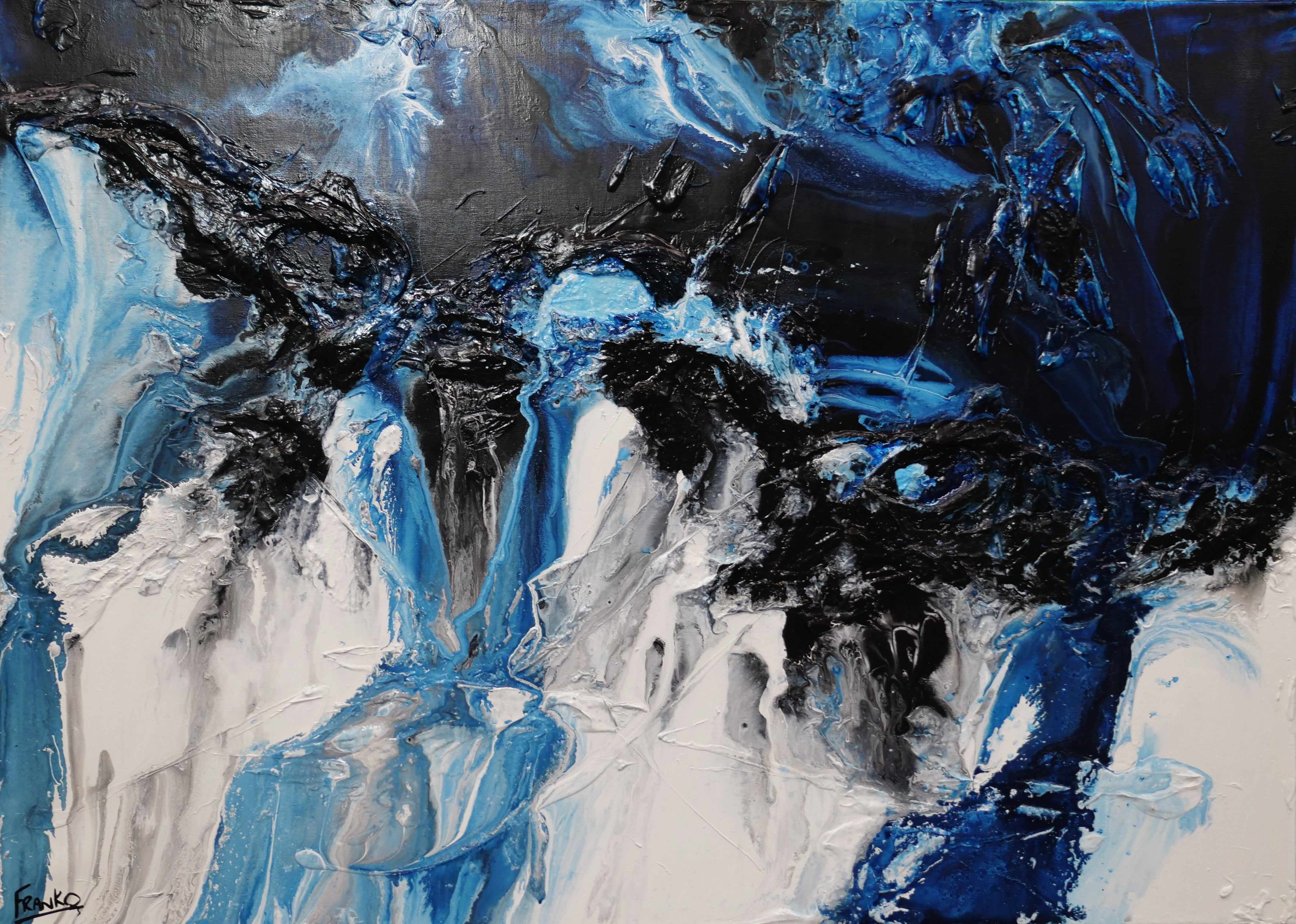 Midnight Granite 140cm x 100cm Black Blue White Textured Abstract Canvas Wall Art - Modern Home Decor for Living Room, Bedroom & Office