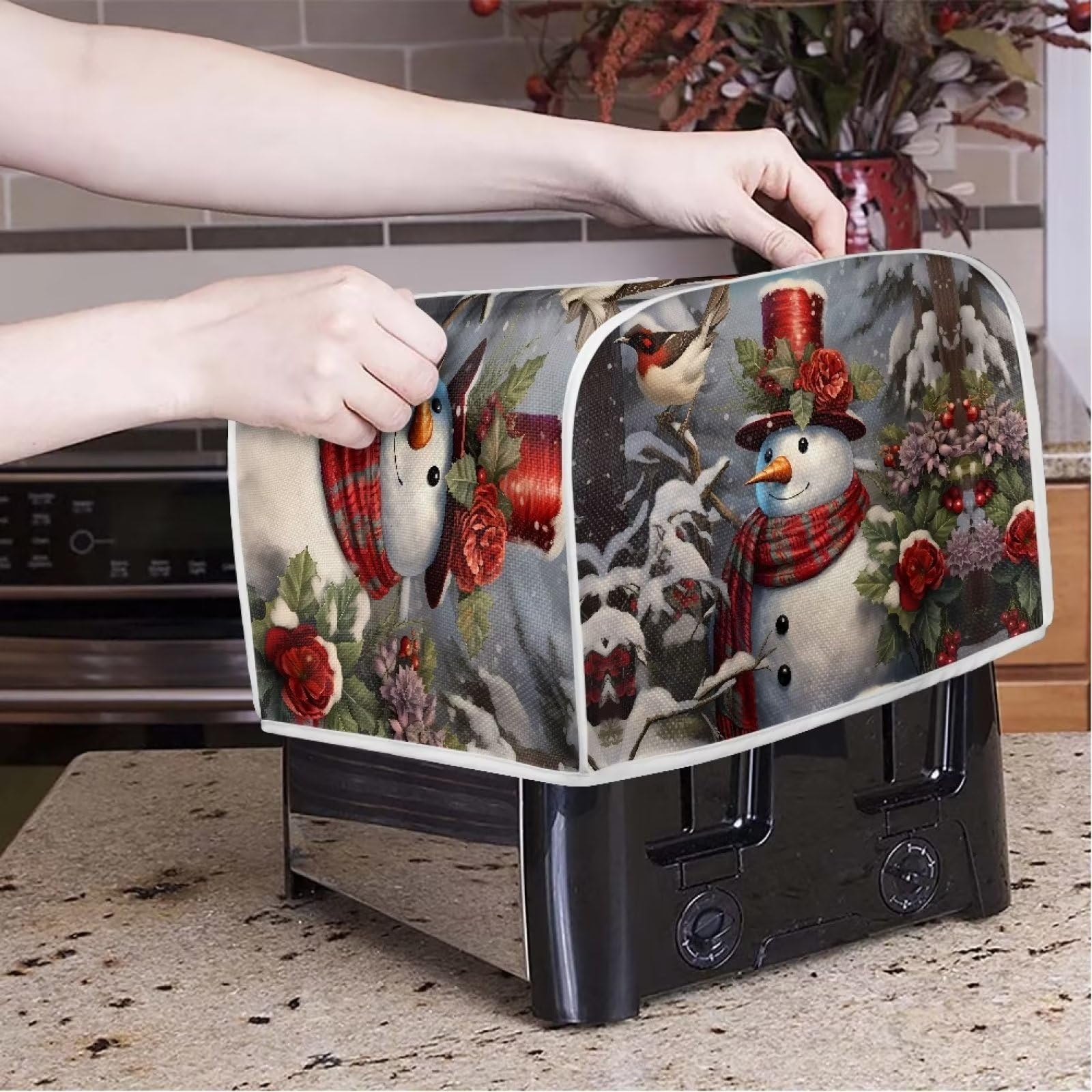2 Slice Toaster Cover - Christmas Snowman Printed Bread Maker & Microwave Oven Dust Cover - Kitchen Appliance Protector with Fingerprint Protection - Perfect for Holiday Decor & Small Appliance Storage