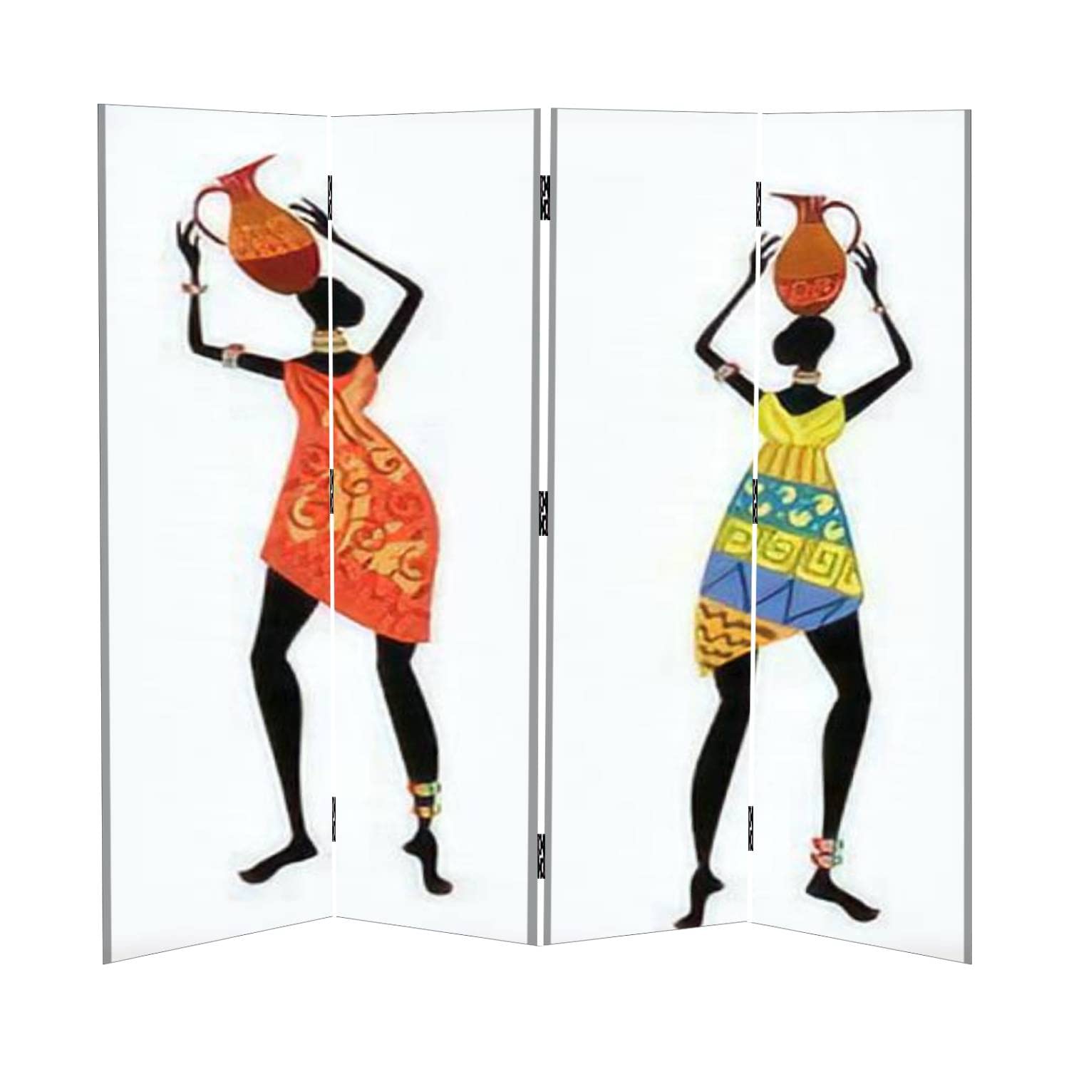 4 Panel Canvas Room Divider Screen - Ethnic Woman with Vase Design - Folding Privacy Partition for Home & Office - Temporary Wall Divider for Bedroom, Living Room, Studio
