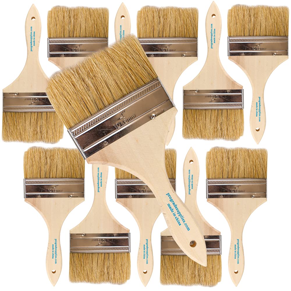 Professional Grade 4 Inch Chip Paint Brushes - Set of 12 Light Brown Natural Bristle Brushes for Painting, Staining, Varnishing - Perfect for DIY Projects, Furniture Restoration & Home Decor