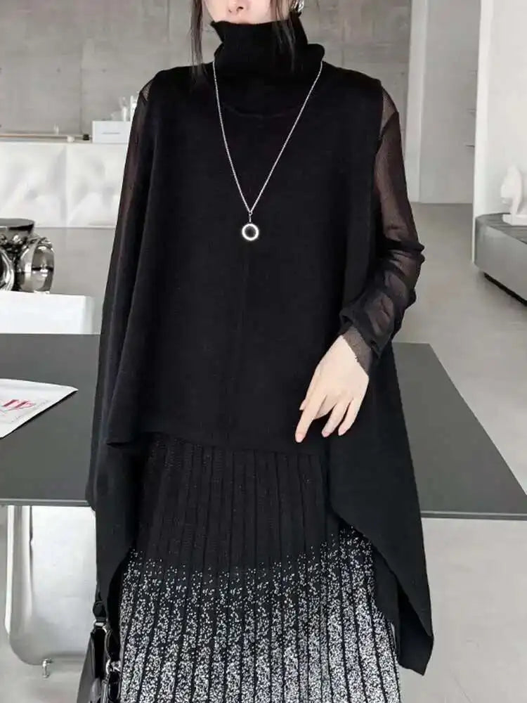 Black Chunky Knit Turtleneck Sleeveless Sweater for Women - Oversized Pullover for Spring & Fall 2025 (Style 1DH6998) | Perfect for Layering, Office Wear & Casual Outfits