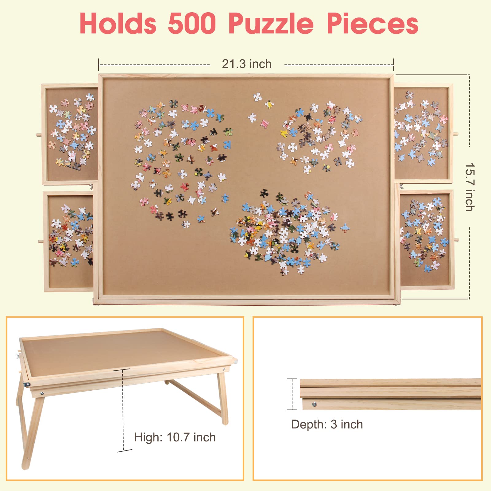 LED Illuminated Wooden Puzzle Board with Folding Legs - Portable Jigsaw Puzzle Table with Storage Drawers & Cover - 500 Piece Puzzle Tray for Adults & Kids - Perfect for Family Game Nights, Travel, and Home Decor