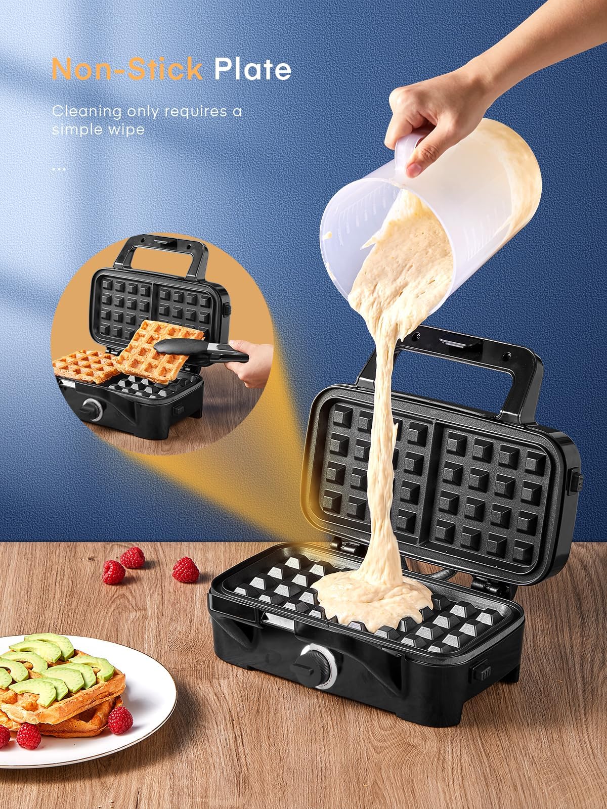 HOUSNAT 3-in-1 Sandwich & Waffle Maker with Removable Non-Stick Plates, 1200W Panini Press Grill, 5-Level Temperature Control & Indicator Lights - Perfect for Breakfast, Lunch & Quick Snacks at Home, Office or Dorm (Black)