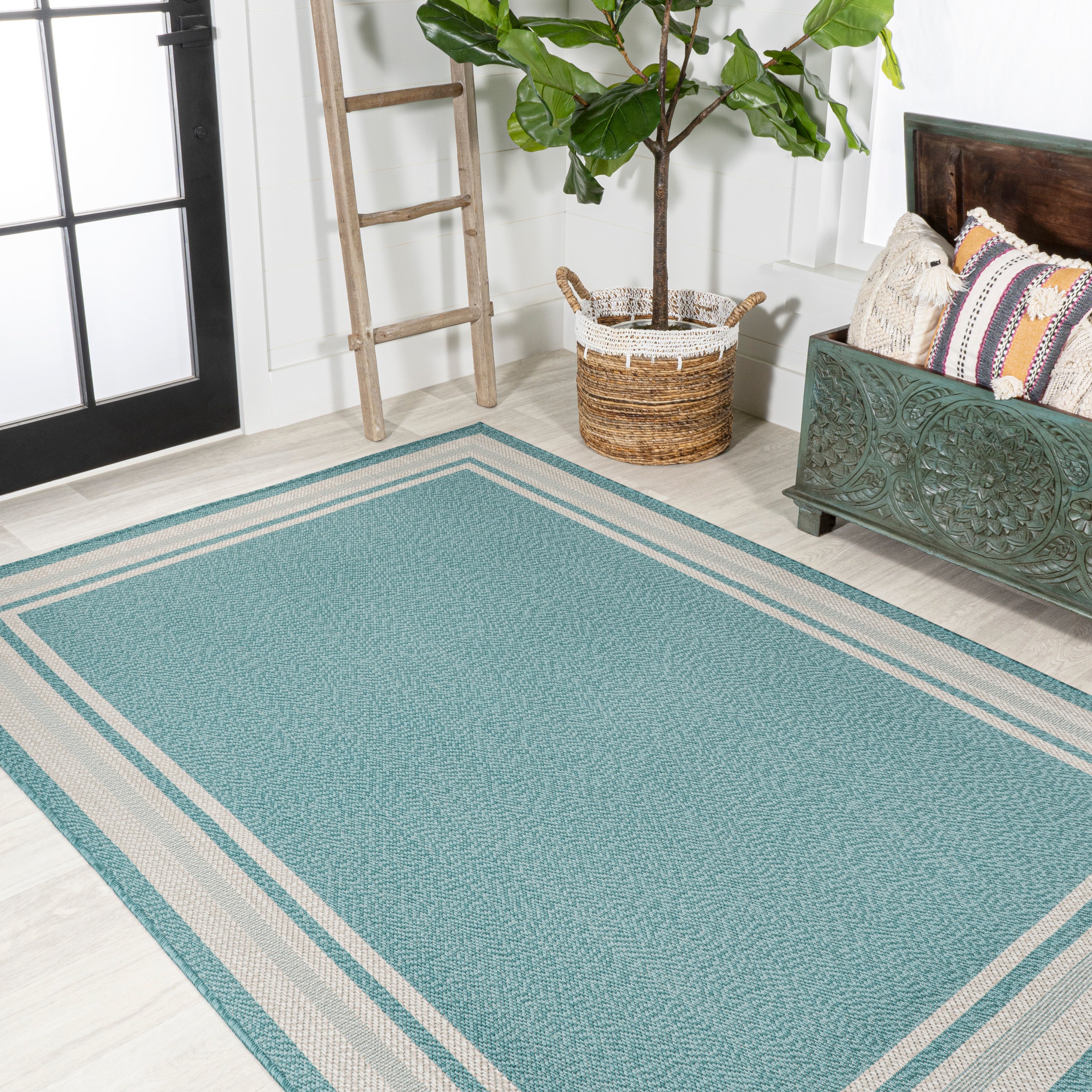 James Modern Border Stripe Indoor/Outdoor Area Rug - Stylish Non-Slip Floor Covering for Living Room, Bedroom, Patio & Deck Decor