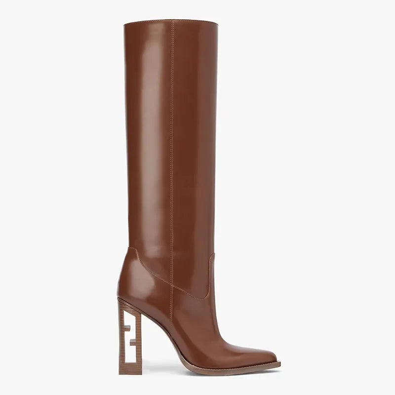 Arden Furtado Women's Knee High Leather Boots with Hollow Out Design & Chunky Heels - Fashionable Brown Tan Riding Boots for Women | Perfect for Fall Outfits, Casual Wear & Horseback Riding
