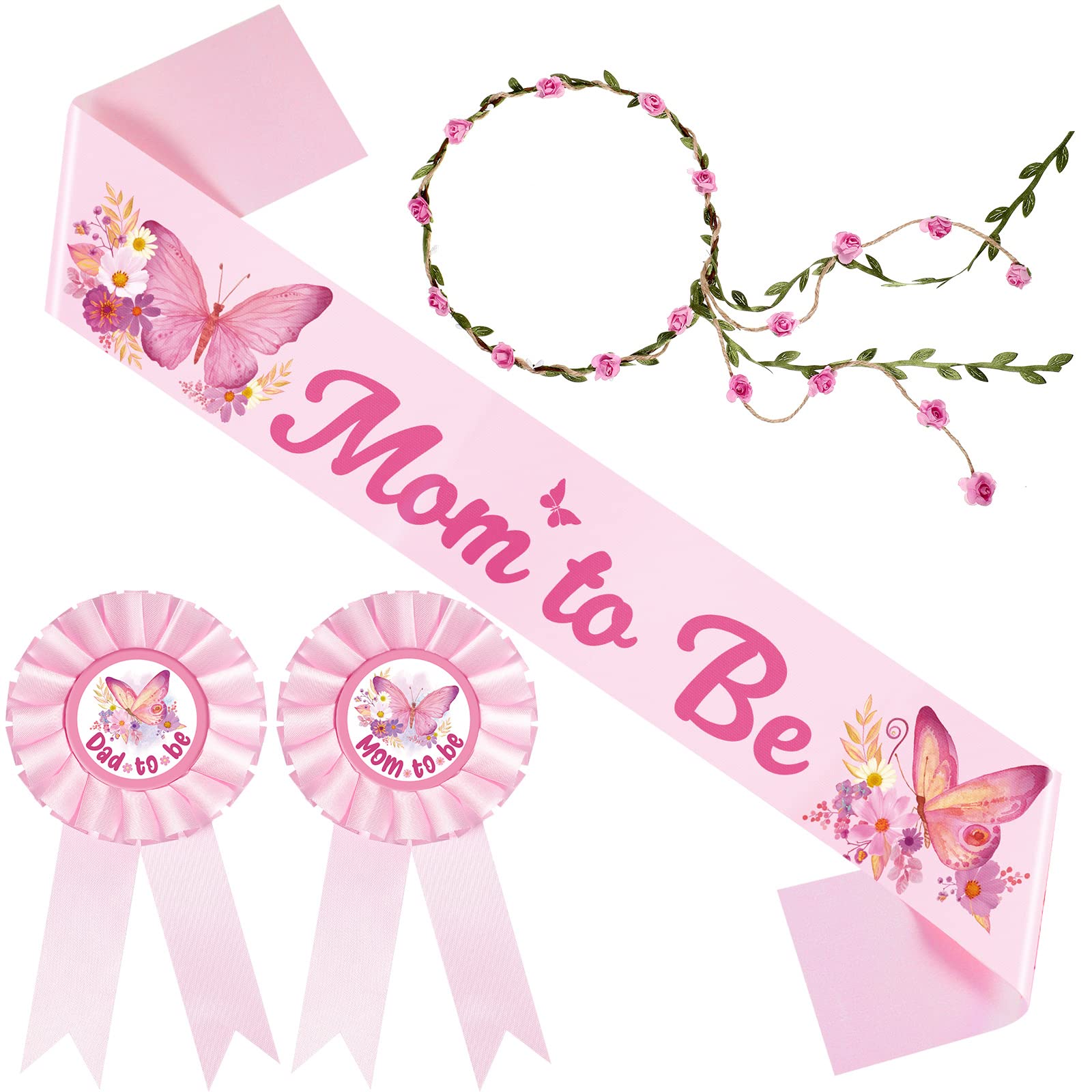 Butterfly Theme Baby Shower Decorations - Mom to Be Sash, Dad to Be Pin & Pink Flower Crown Headband for Gender Reveal Party, Pregnancy Photo Props, Keepsake Gifts - Perfect for Baby Showers, Gender Reveals & Maternity Photoshoots