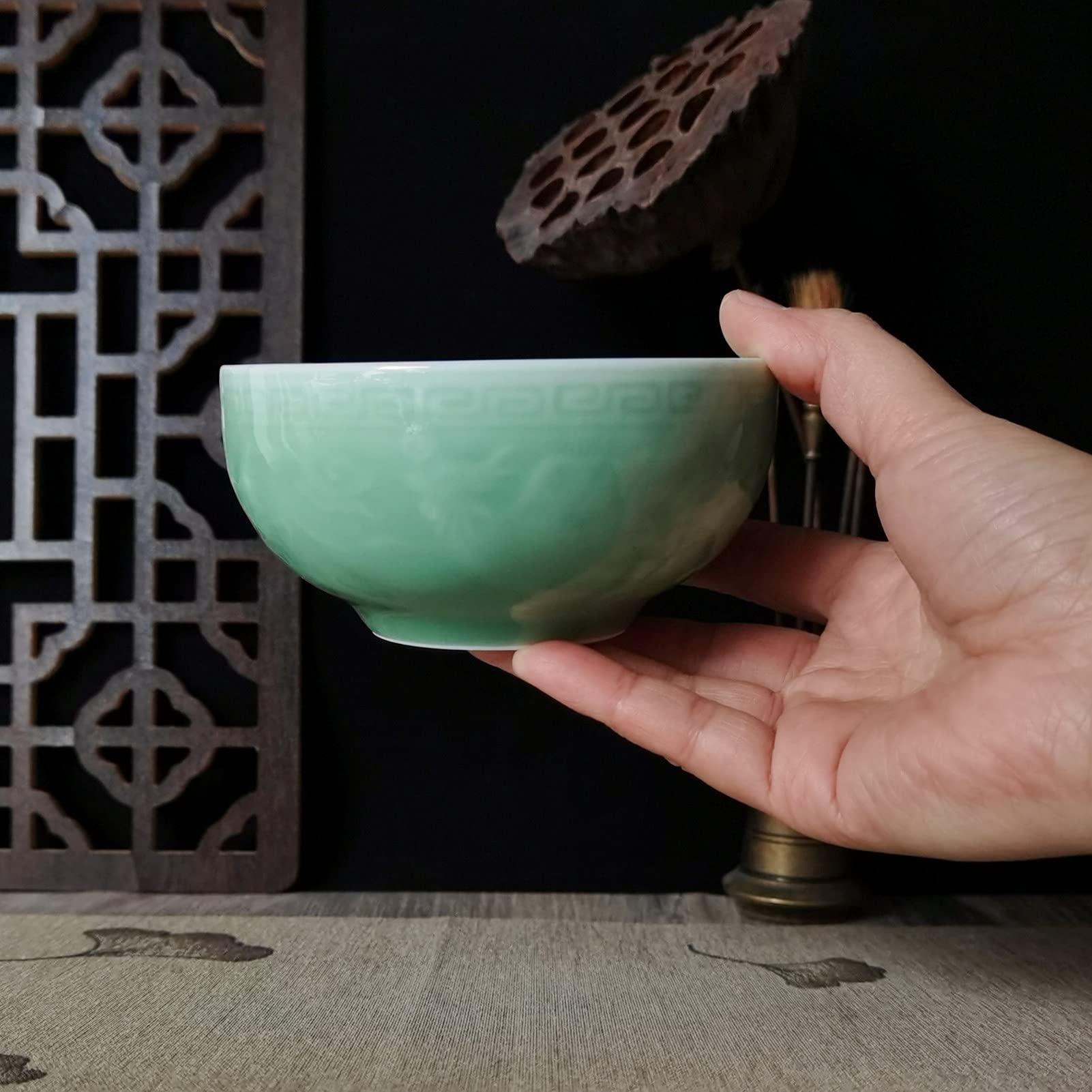 Premium Chinese Celadon 4.5-Inch Rice Bowls - Microwave & Dishwasher Safe - Exquisite Dragon & Phoenix Embossed Design - Perfect for Asian Cuisine, Home Dining & Gift Giving