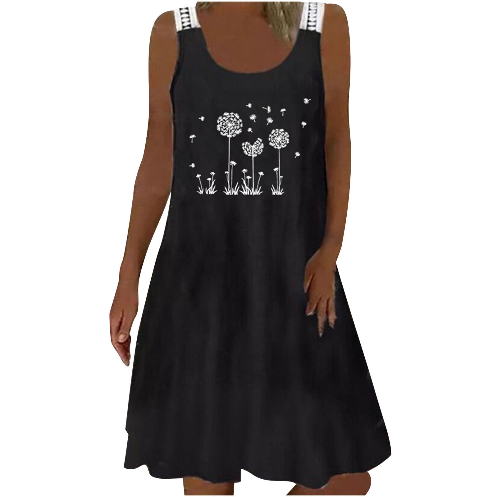 Women's Summer Casual Dress - Boat Neck Sleeveless Flowy Dress with Dandelion Print, Loose Comfortable Maxi Dress for Beach, Vacation & Outdoor Activities