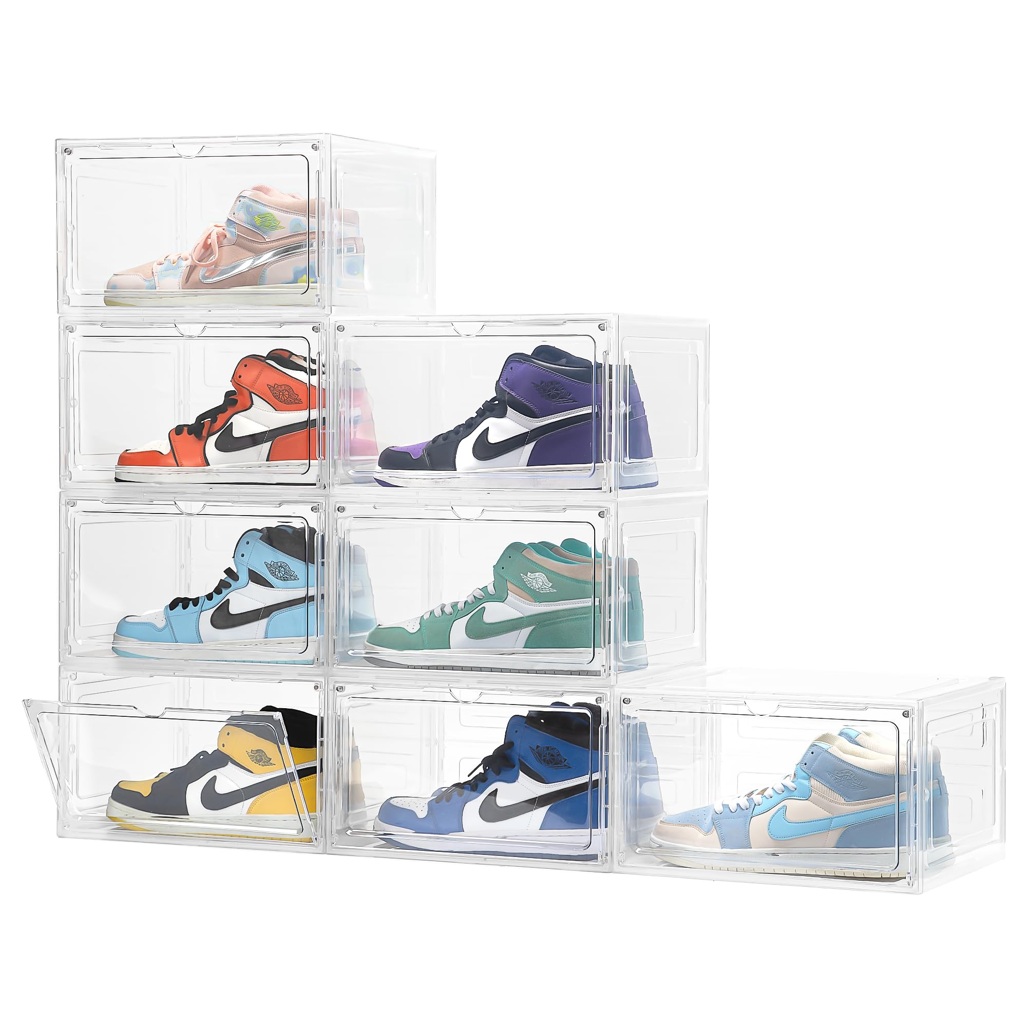 Attelite 8 Pack Clear Plastic Stackable Shoe Storage Boxes with Magnetic Door - Large Sneaker Display Organizer Containers for Closet, Easy Assembly - Perfect for Sneaker Collection & Home Organization